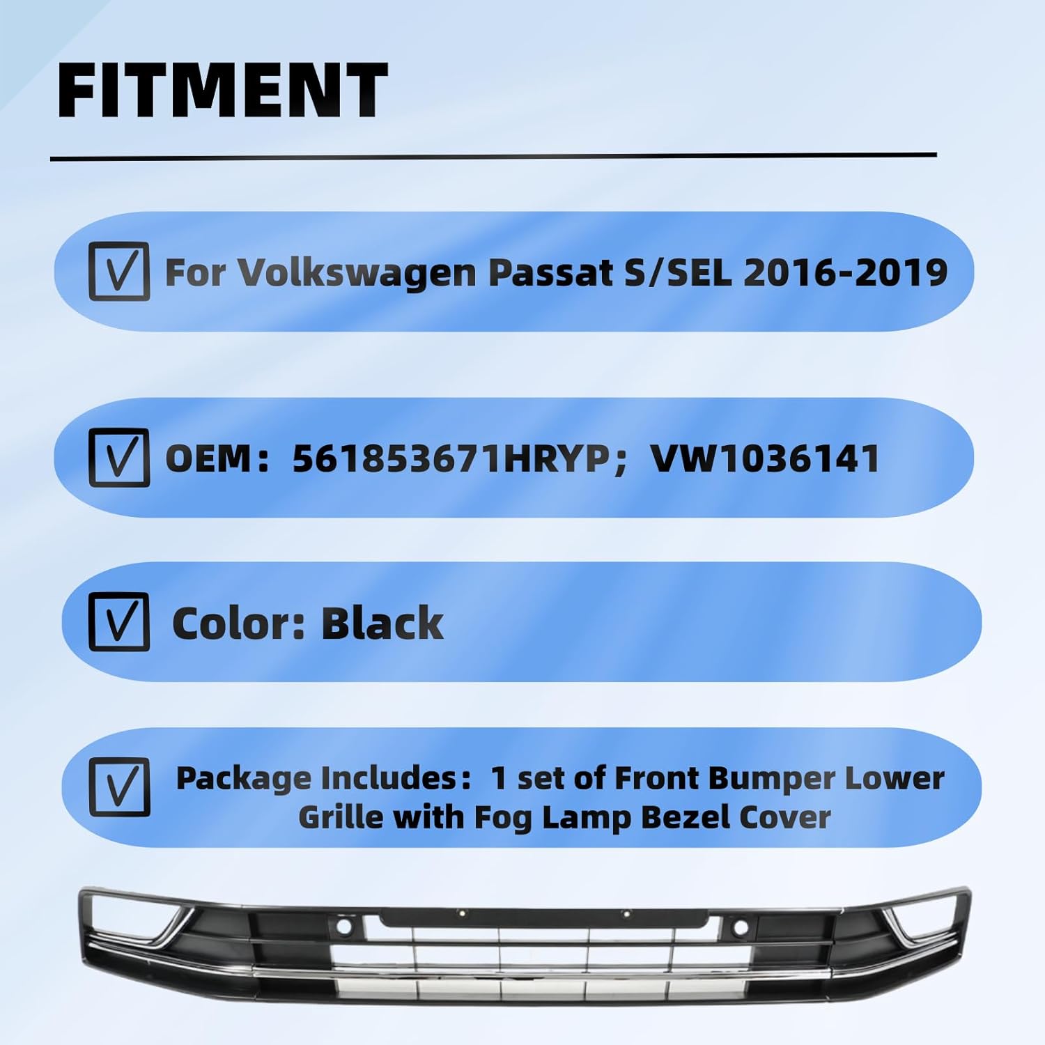 Front Bumper Lower Grille with Fog Lamp Bezel Cover For Volkswagen Passat S/SEL 2016 2017 2018 2019 Replace 561853671HRYP VW1036141 (For Passat 16-19) - Image 2