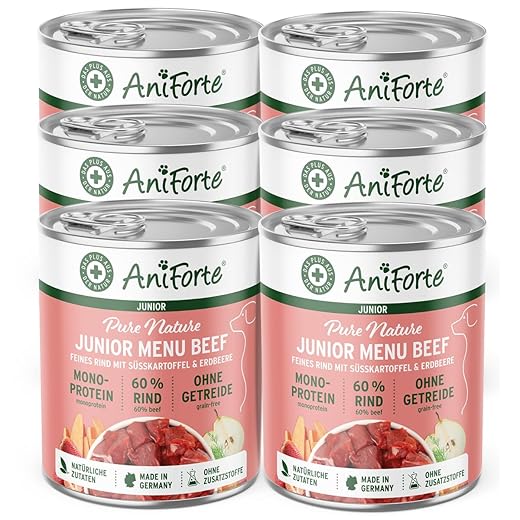 AniForte Hundefutter Nass Junior Rind 6 x 400g – Natürliches Nassfutter für Welpen, Junghunde & Hunde im Wachstum, hoher Fleischanteil, Premium Alleinfutter getreidefrei