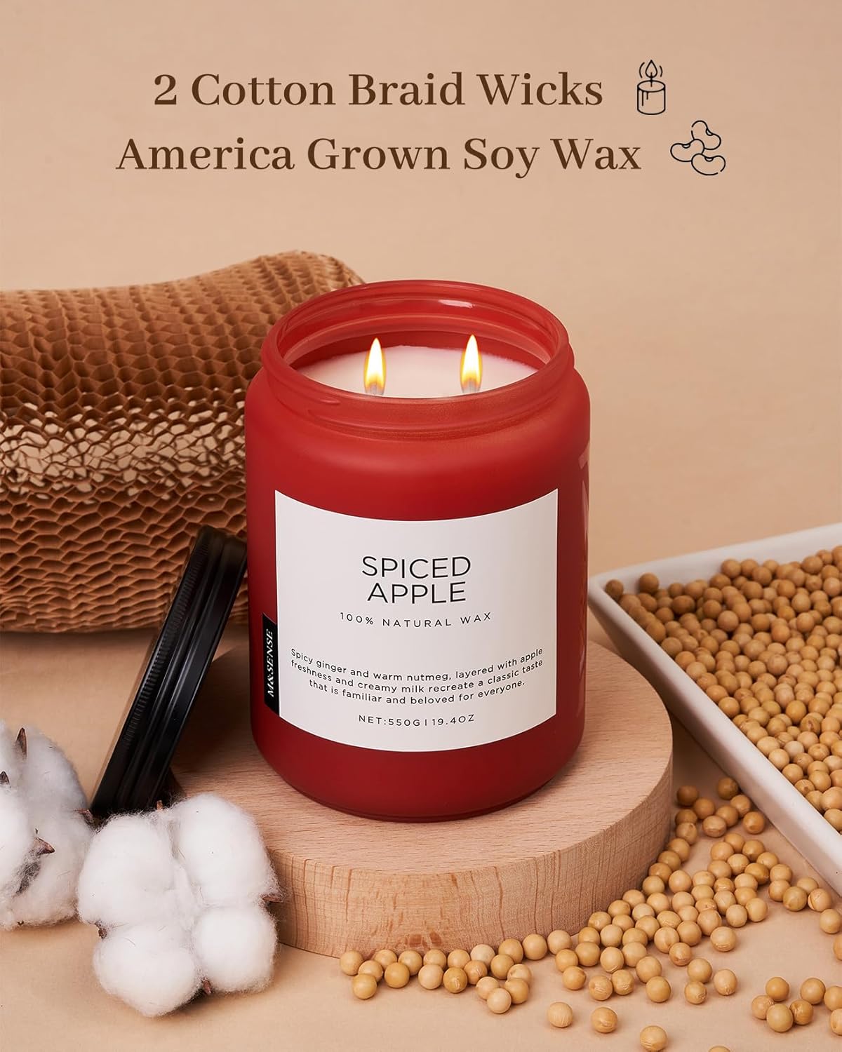 M&SENSE Spiced Apple Scented Candles for Home Natural Soy Wax 19.4oz 110 Hours Large Long Lasting Highly Scented Classic Christmas Holiday 2 Wicks Candle Gift Home Decor - Image 3