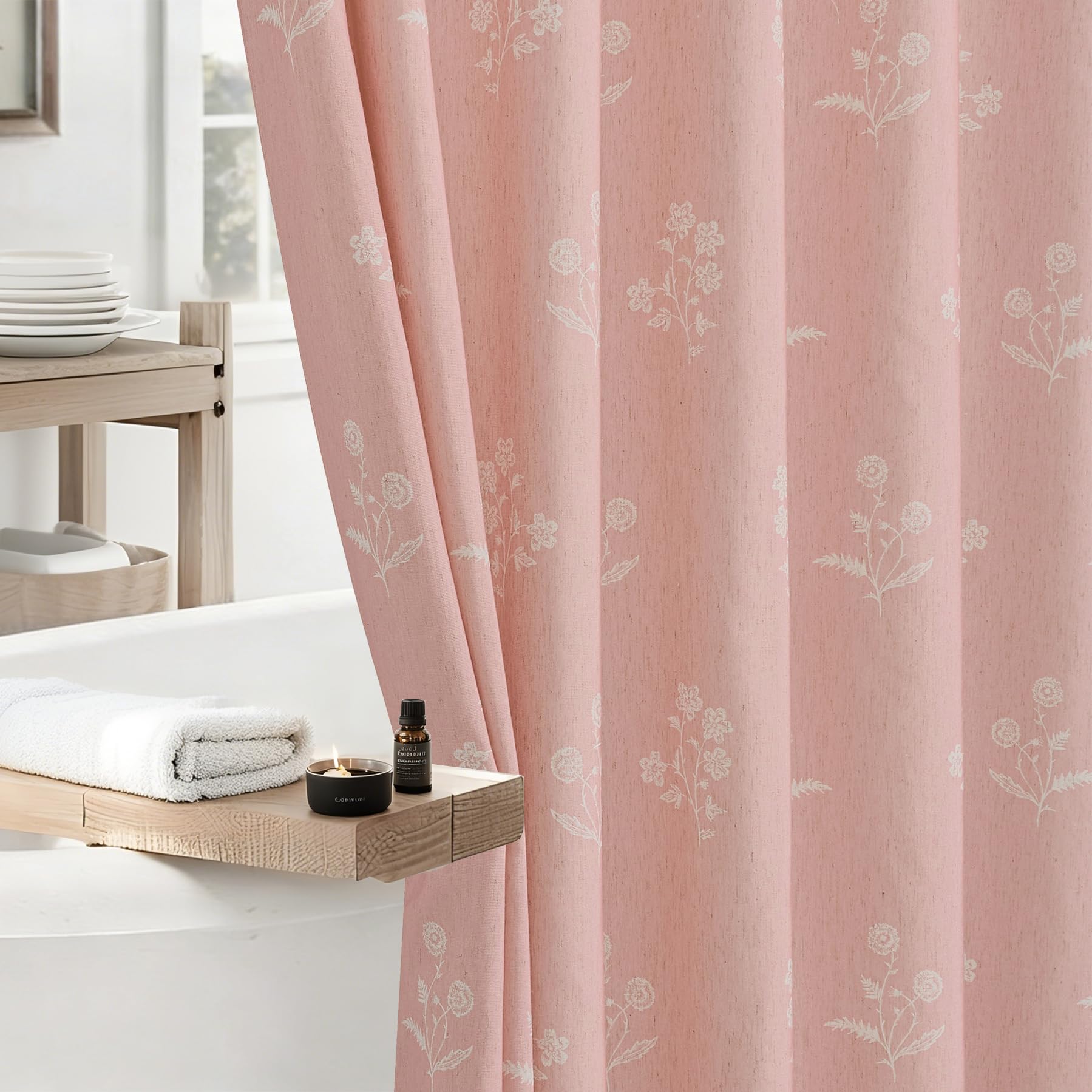 ORTIGIA Pink Linen Shower Curtain Farmhouse Vintage Floral Light Blush Pink Shower Curtains Boho Rustic Block Print Cottagecore Decor for Bathroom 72 W x 72 L
