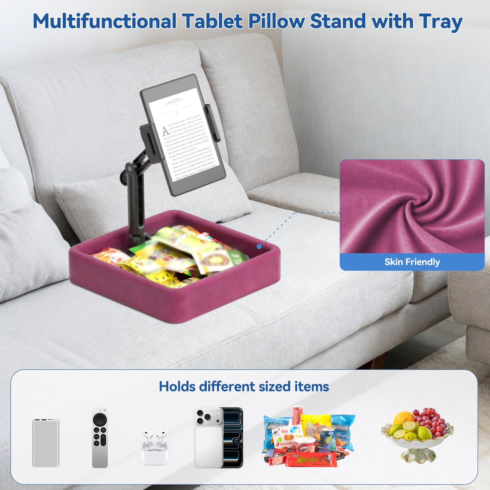 KDD Coussin Support Tablette - Porte iPad Réglable pour Genoux, Lit, Bureau - Support Kindle Pliable avec Plateau de Rangement, Compatible avec iPad Pro 12.9, Air, Mini, Téléphone, E-Reader, Violet