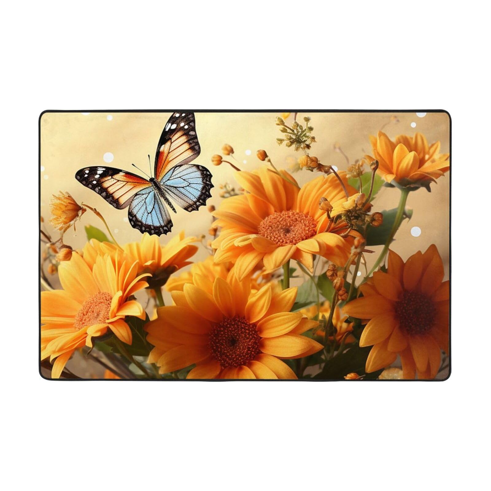 Tapis vintage salon aux finitions haut de gamme imprimé papillon et tournesol élégant