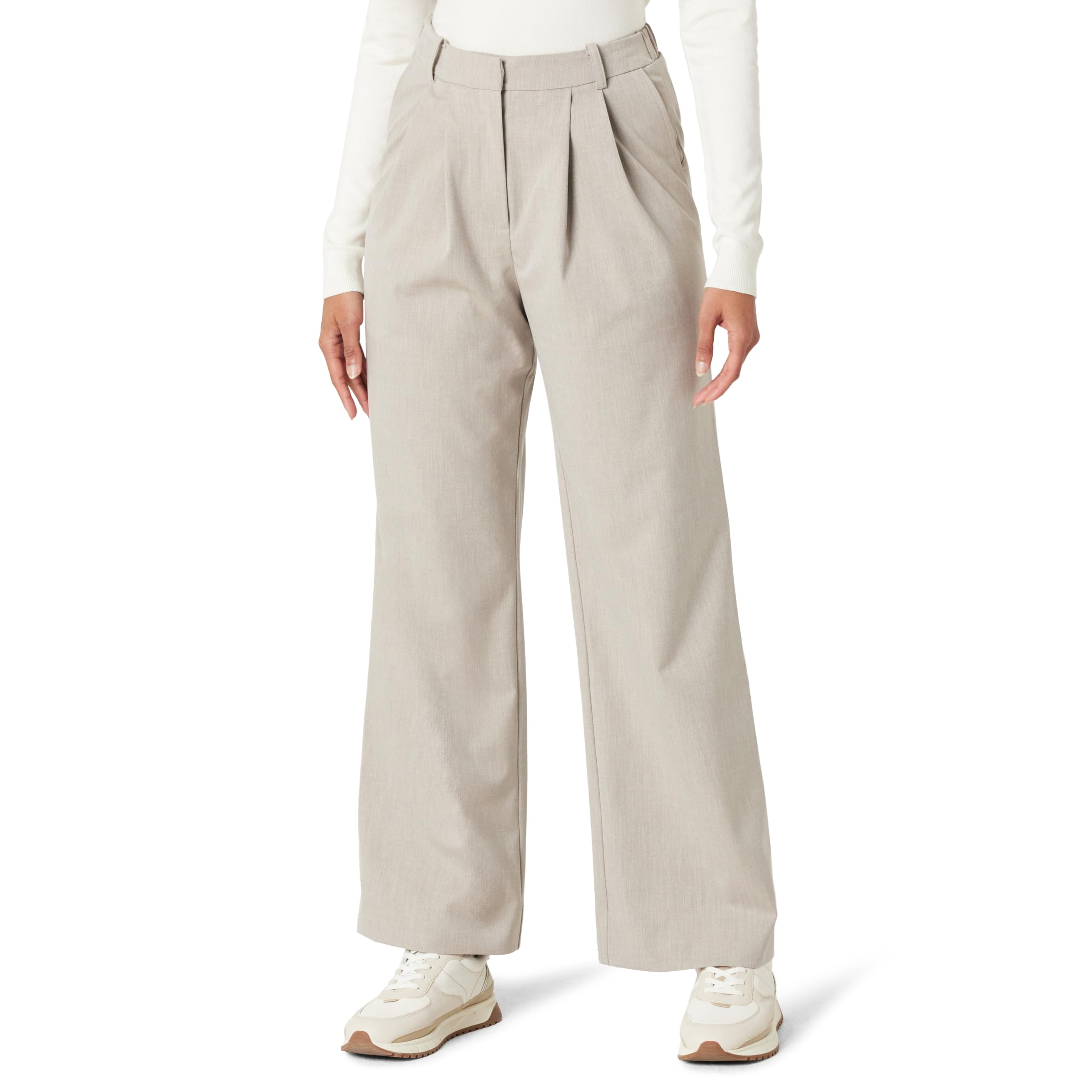 The Drop Women's Nancy Pleat Front Wide Leg Trouser, Heather Cream, S