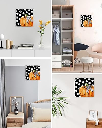 Miniatura 4 de Thanksgiving Wooden Wall Clock Silent Non Ticking, Orange Pumpkin Fall Black White Polka Dot Square Wall Clock Battery Operated, Decor Clock for