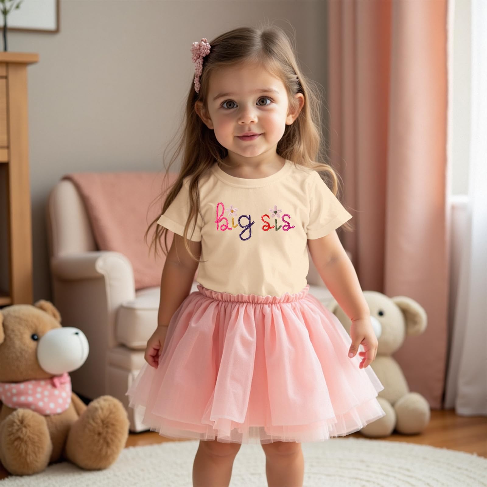 Big Sister T-shirt pour bébé avec inscription « Big Sis » pour bébé avec broderie Big Sis pour tout-petit - Propulsé à grande sœur - T-shirt d'été à manches courtes - Joli t-shirt en coton brodé
