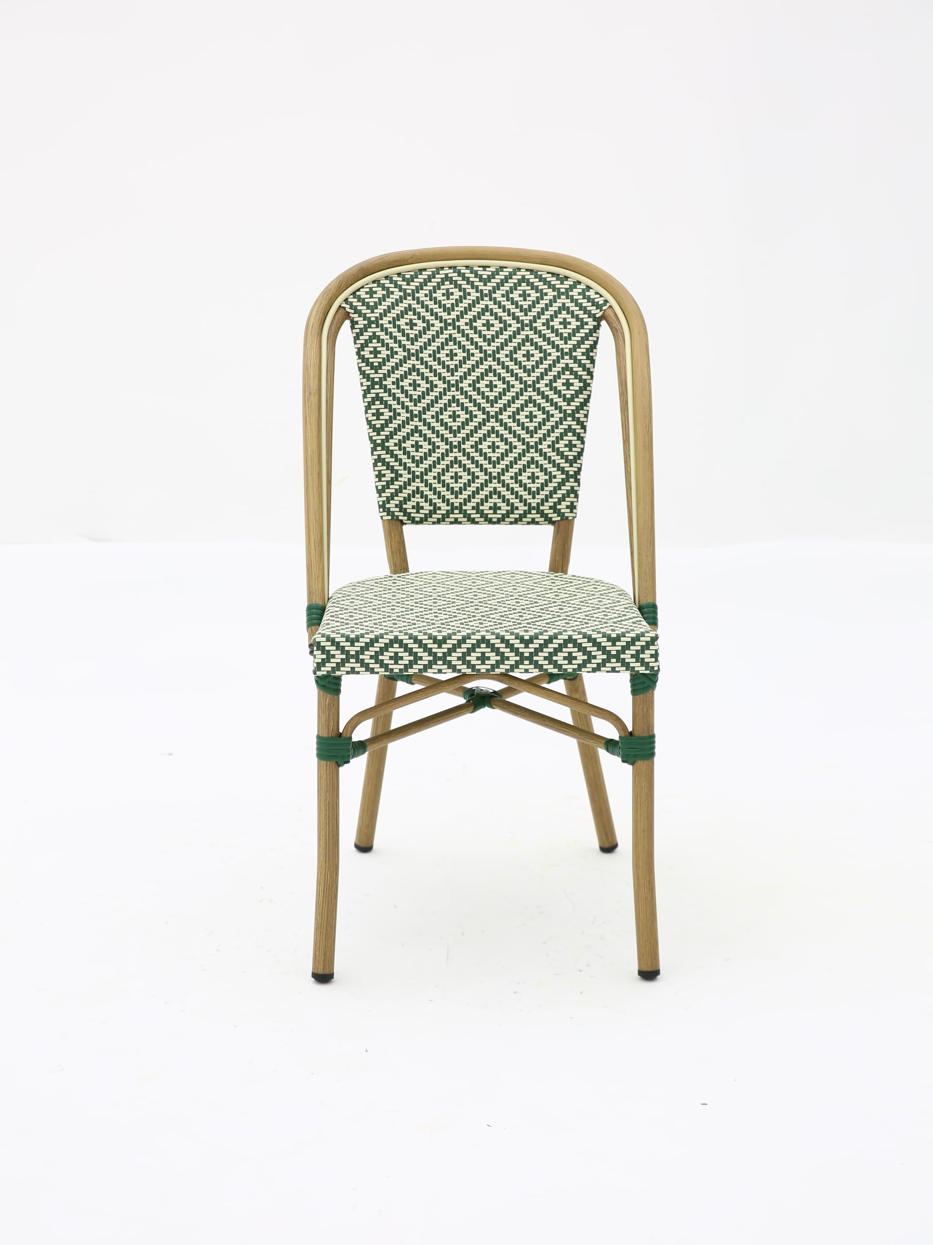 Chaise Bistrot Extérieur Intérieur Empilable – Structure Aluminium Aspect Bambou – Assise et Dossier en Textilène Tressé – Style Terrasse de Café Parisien – Jardin, Balcon, Restaurant (Vert+Beige)