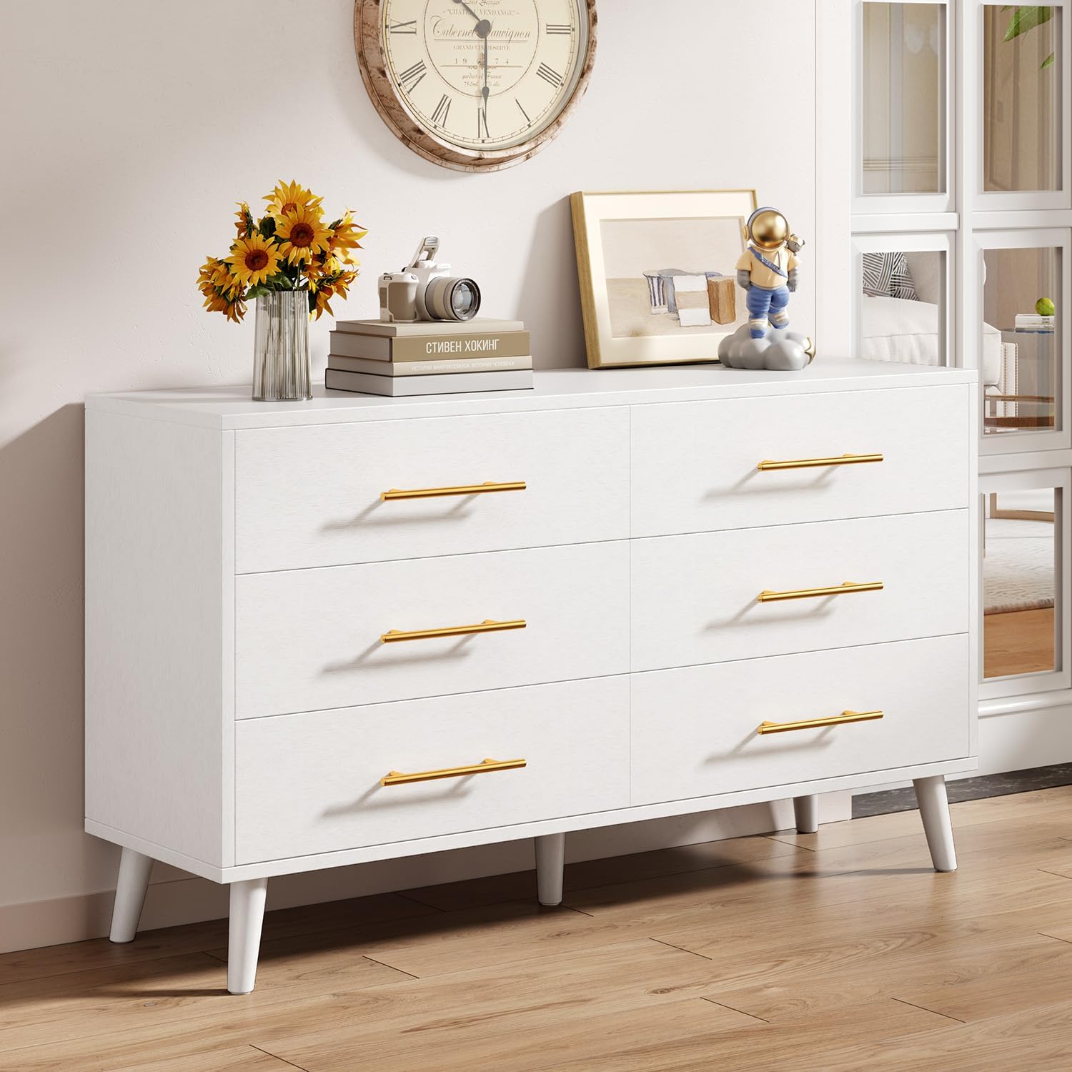 Aiho 6 Drawer Dresser for Bedroom, Chest of Drawers with Silent Gliding Slides ＆ Metal Handles, Wood Storage Chest for Nursery, Living Room, Entryway, White Dresser