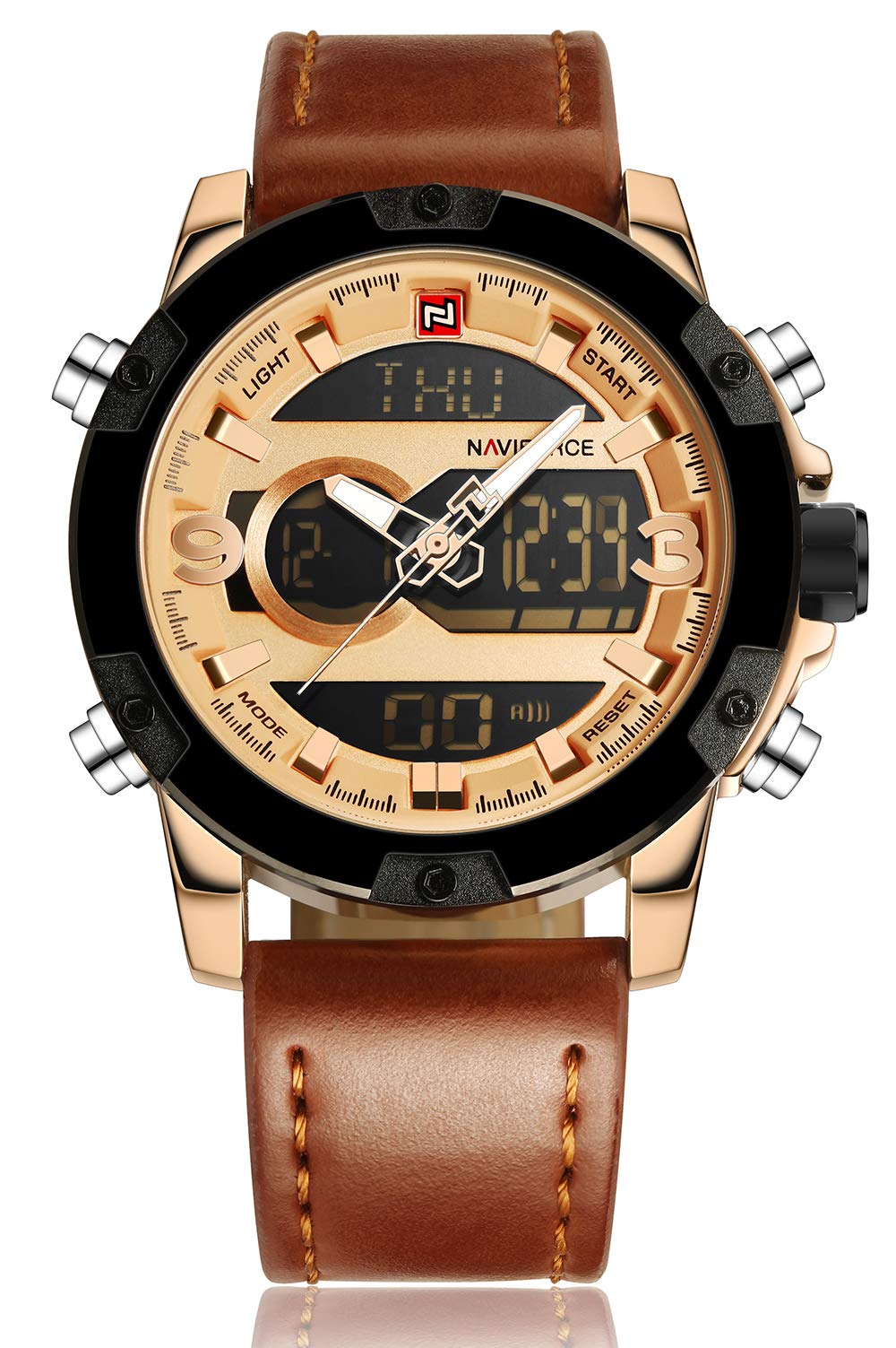 Tonnier Genuine Leather Band Analog Digital LED Dual Time Display Mens Watch, Brown&Gold