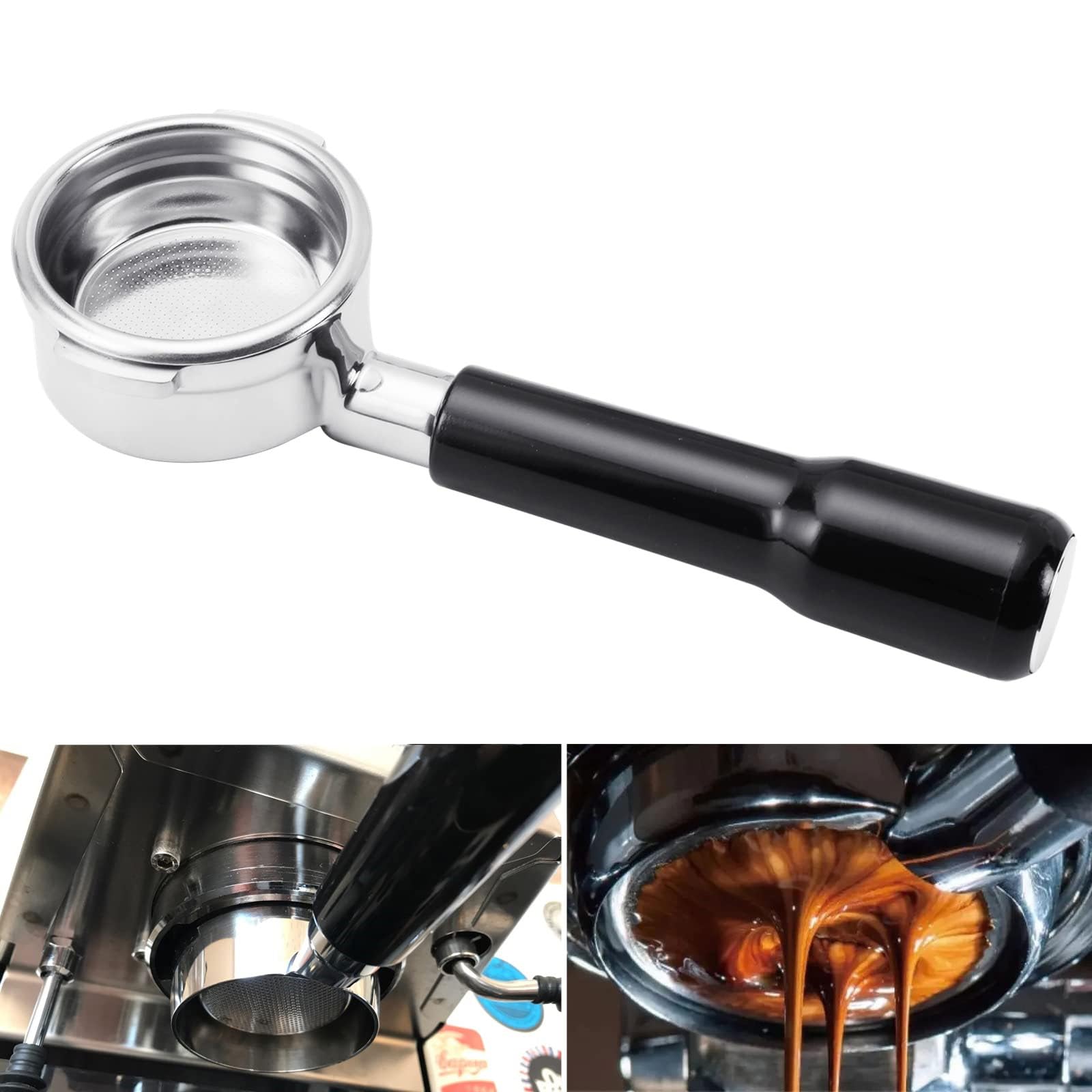 Portafiltro de acero inoxidable de 58 mm con mango de máquina de café sin fondo, portafiltro E61, herramientas de café espresso, caja de regalo de madera para manipulación