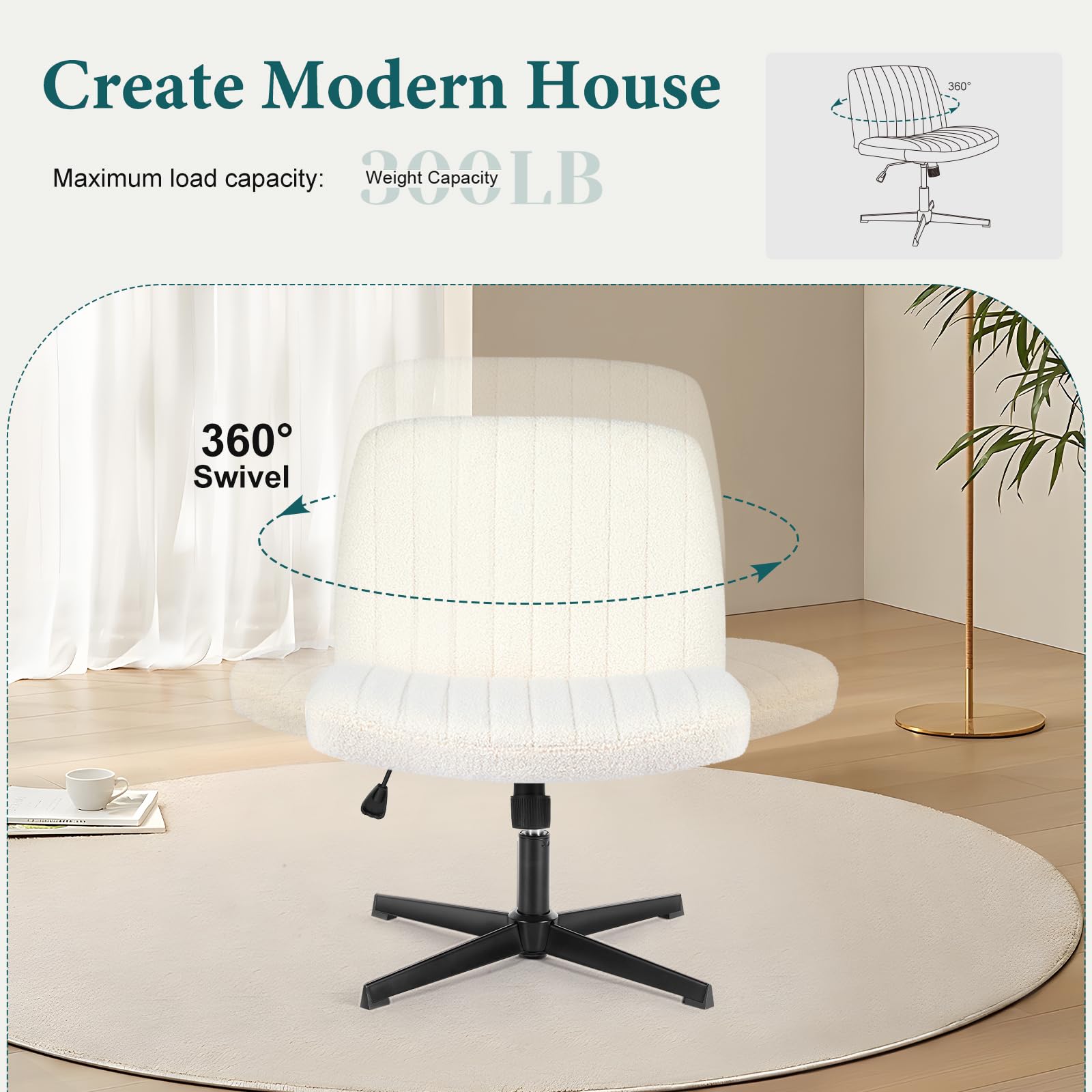 SMUG Criss Cross Legged Office Chair, Armless Swivel Wide Desk Chair No Wheels, Modern Height Adjustable Teddy Fabric Home Office Desk Chair - White