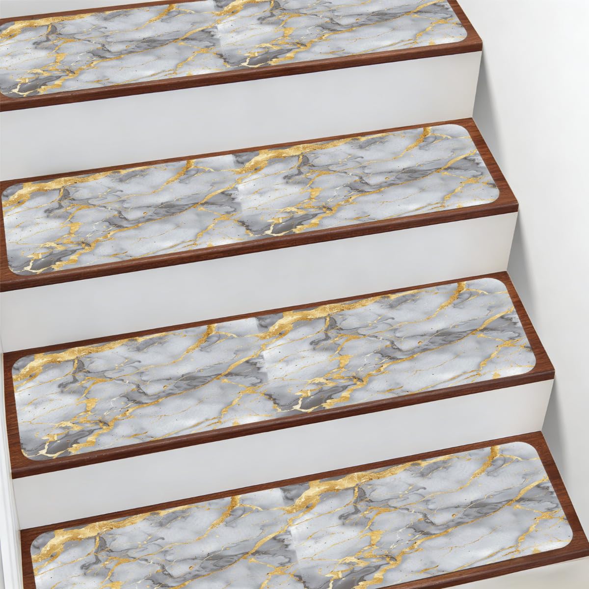 Alfombra para peldaños de escalera de 7.8 x 30 pulgadas con patrón de mármol gris dorado abstracto