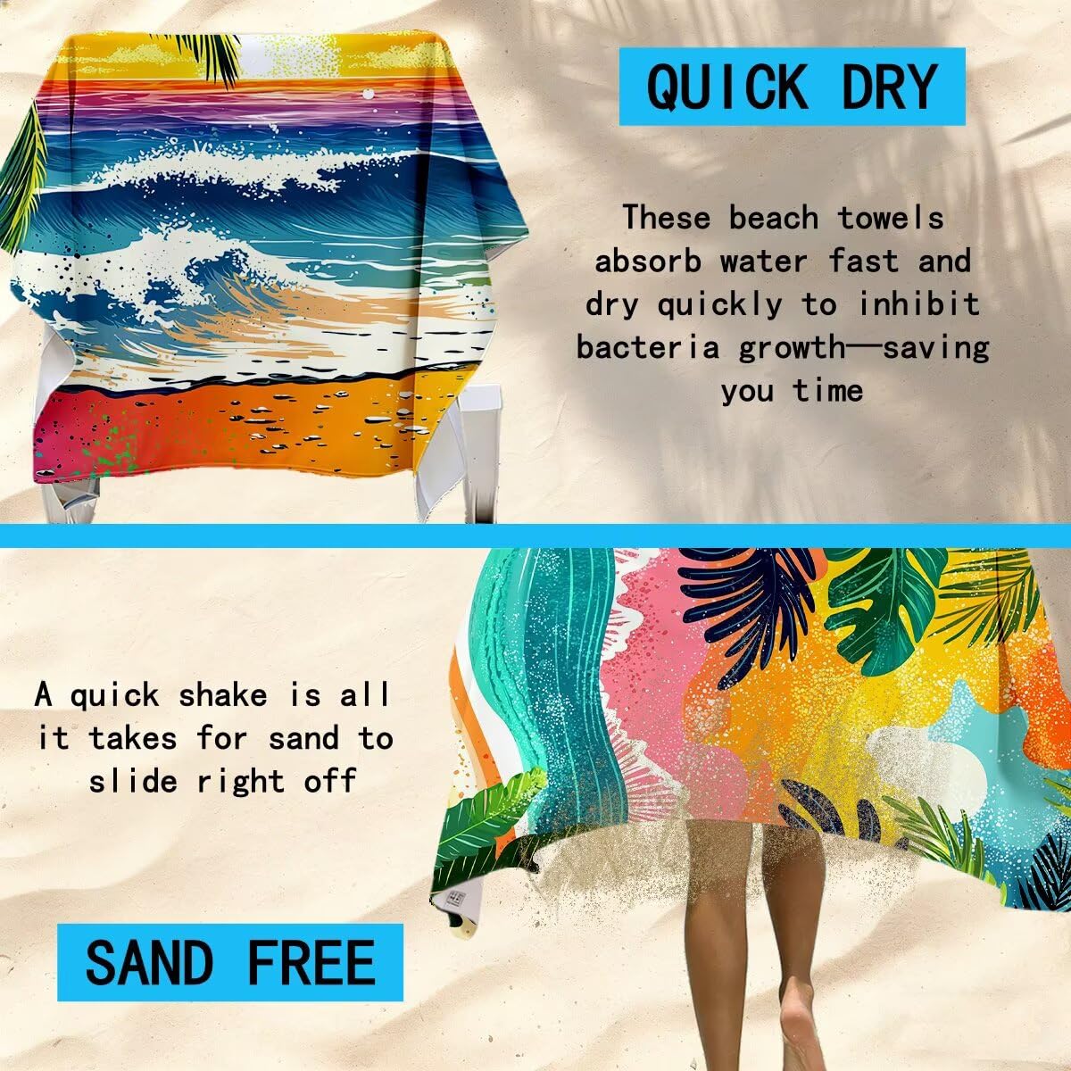 Ręcznik plażowy z mikrofibry, duży ręcznik kąpielowy 100 x 220 cm, zestaw 2 szt. szybkoschnących prześcieradeł kąpielowych z krajobrazu, odporny na piasek ręczniki plażowe z mikrofibry do podróży