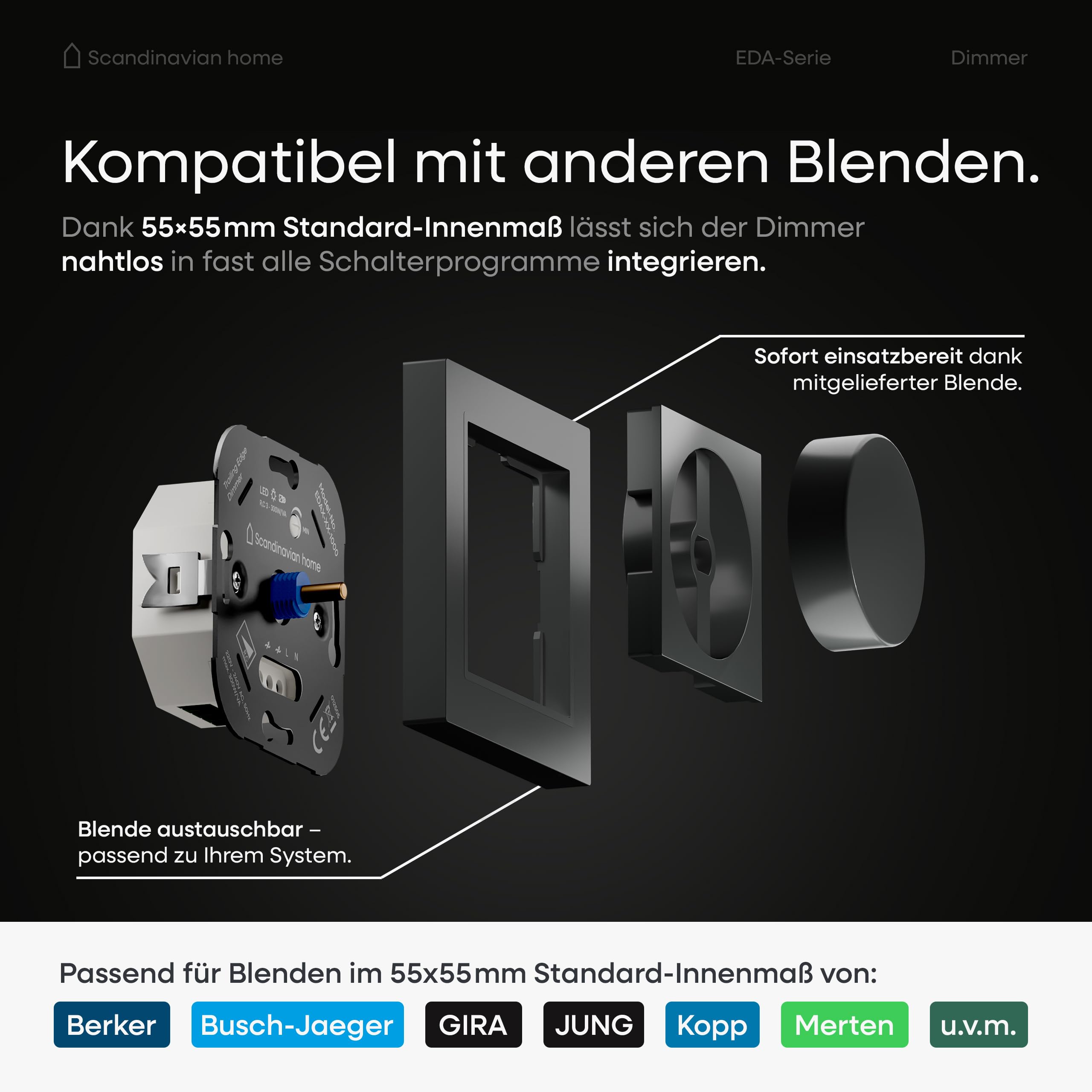 Scandinavian Home - Regulador de intensidad para lámparas LED de 3 a 300 W / VA – Interruptor universal con sección de fase, medida estándar 55, regulador de intensidad LED empotrable, 230 V