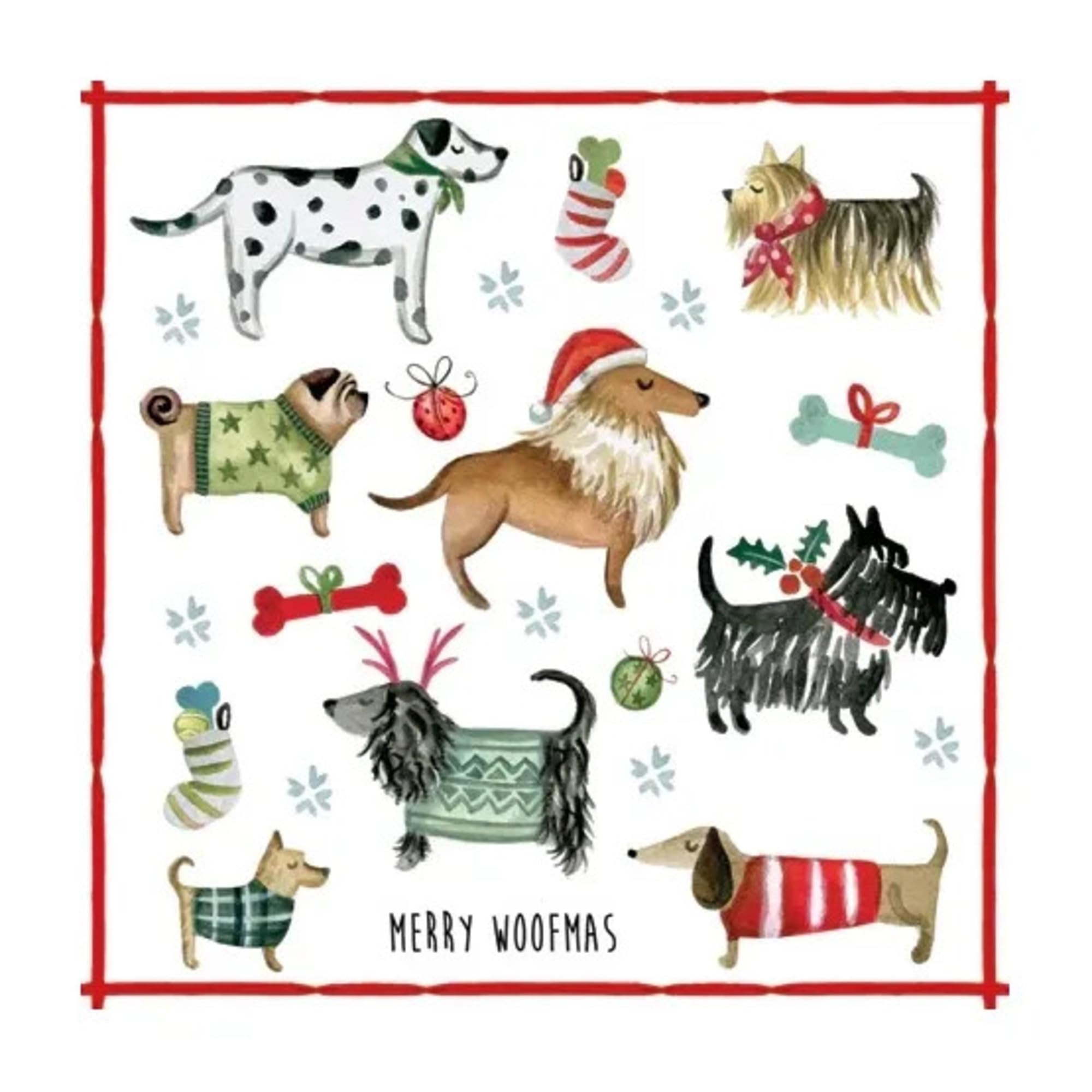 Set of 2 Individual Decoupage Paper Party Napkin Christmas Dogs Breeds Watercolor Decor Luncheon Napkins for a Birthday Holiday, Wedding, Cocktail Party