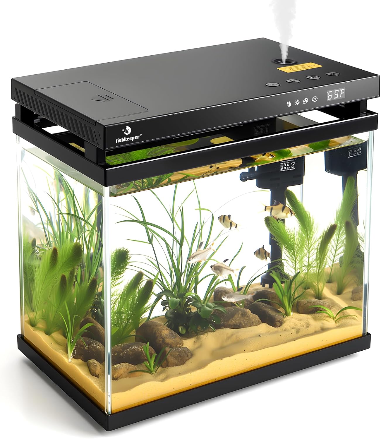 fishkeeper 2.3G Smart Aquarium - HD Glass Fish Tank Kits with Auto Feeder, Self-Cleaning Silent Filter Pump, Aromatherapy, Temperature Display & 7-Color RGB Lights for Desktop, Office, Room