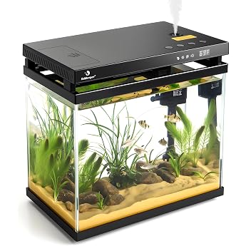 fishkeeper Mini Aquarium with Filter, Feeder, LED, Self-Cleaning Pump | 8.6L Nano Aquarium Complete Set, Smart Small Aquarium