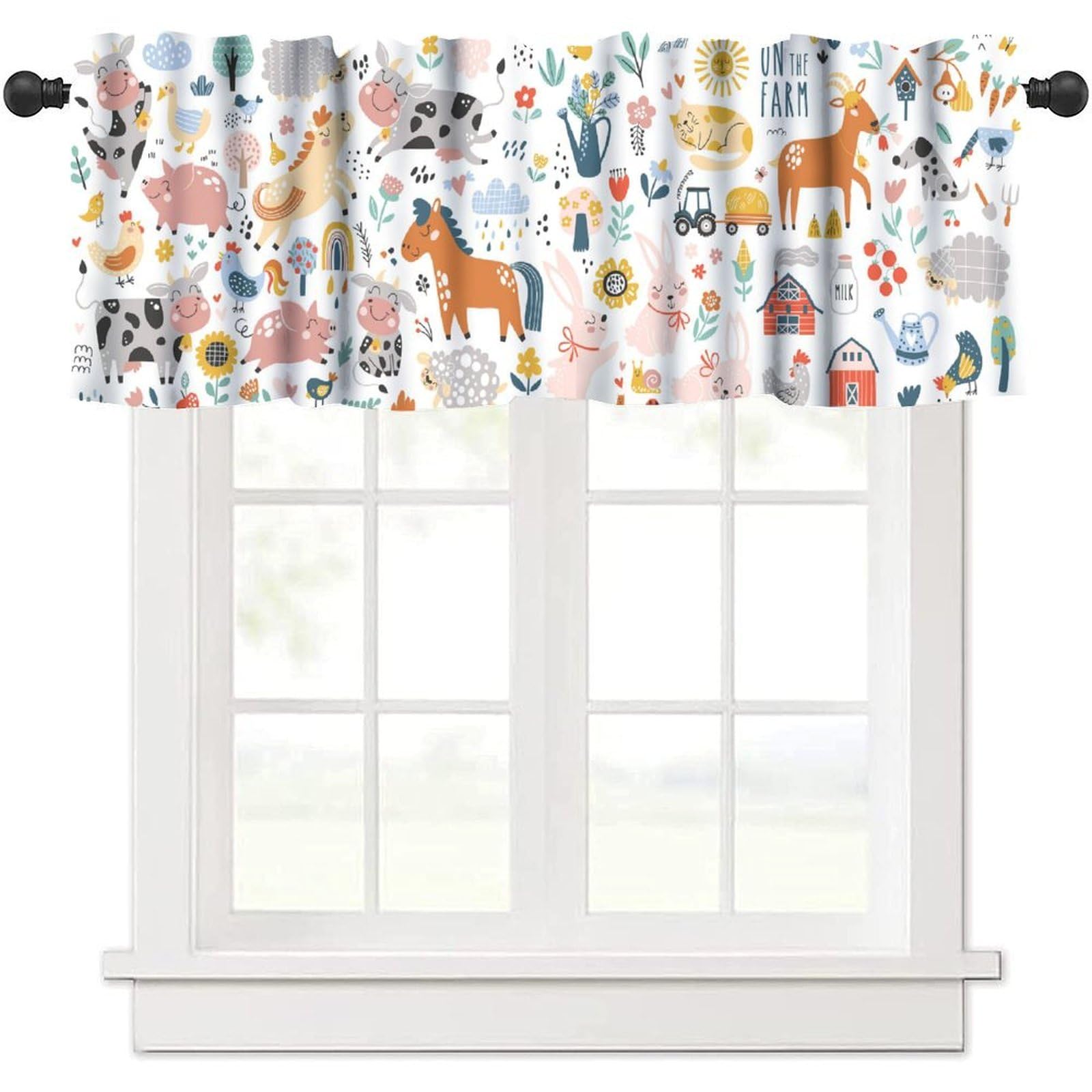 moderw Farm Animal Curtain Valance Cartoon Cute Woodland Farmhouse Cow Horse Pig Woodland Window Treatment Valance for Kids Girls Boys Bedroom Living Room 54x18inch