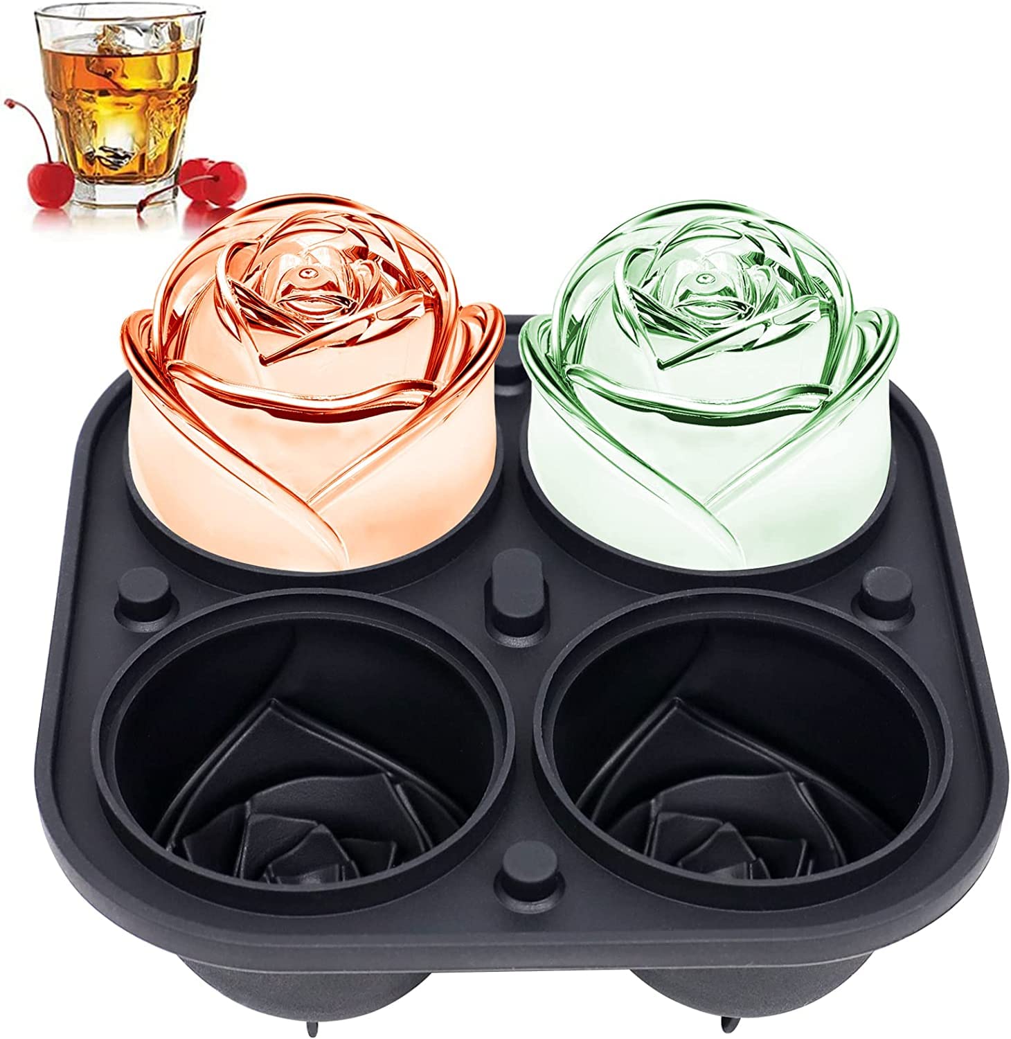 Instakart Easy Release 2.4 Inch Large Rose Shape 3D Ice Cube Trays for Freezer, 4 Cavity Silicone Mould with No Lid, Reusable for Ice Cream, Water Whiskey, Cocktail, Assorted Color