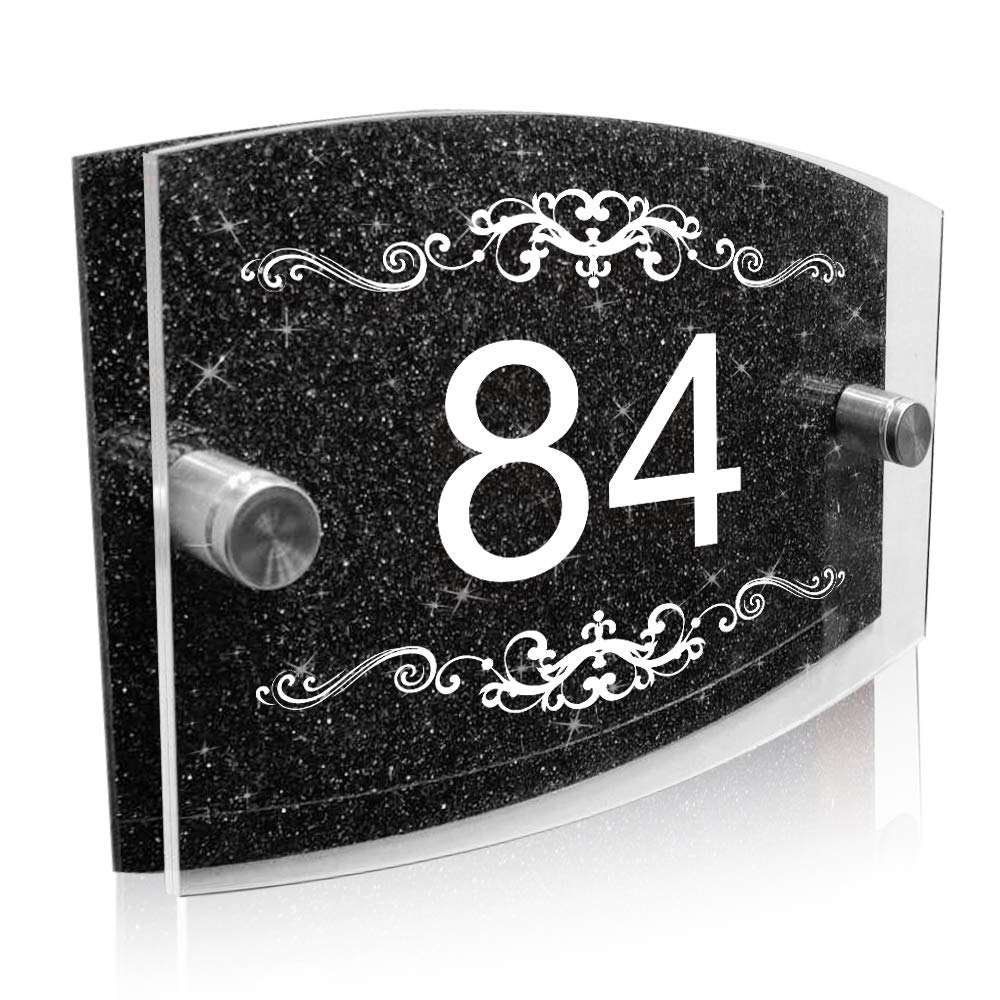 Personalised House Sign Plaque Modern Glass Effect Acrylic Door Number Wall Sign Door Plate Street Road Plate Plaque Hand Finished in UK (Black Pattern)