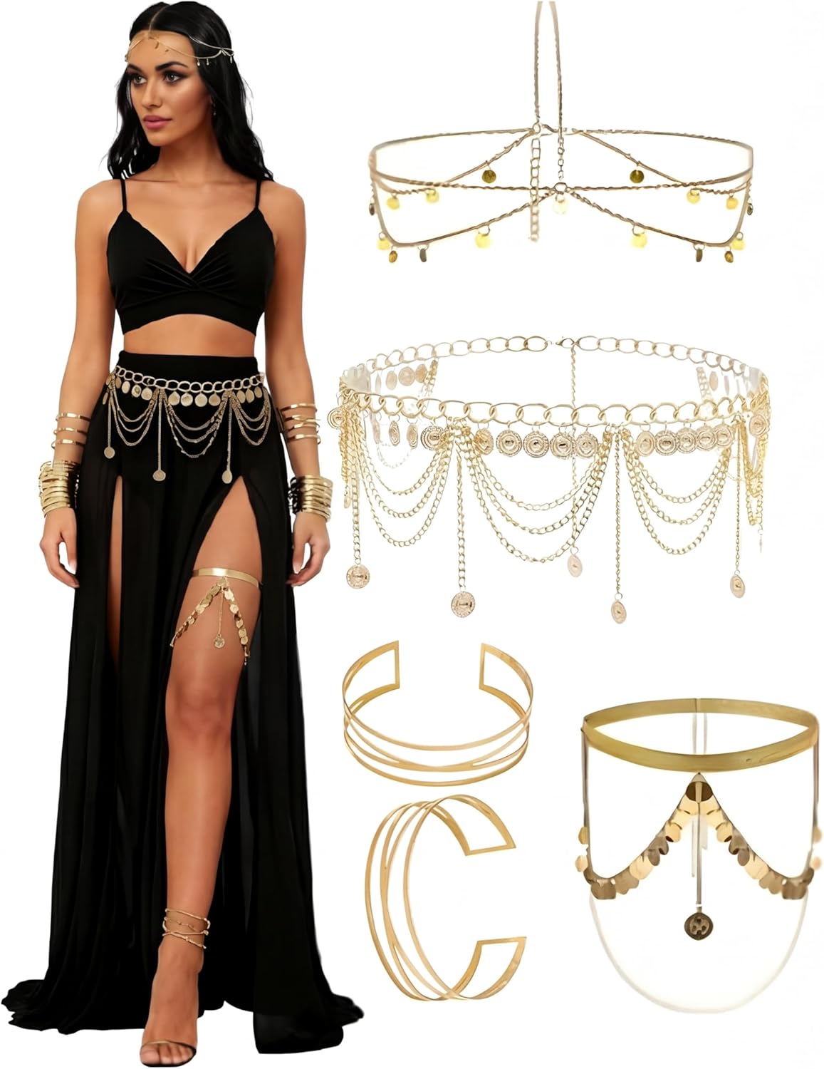 5 Pcs Women Dress High Split Dress with Jewelry Waist Chain Accessory Set Summer Outfit Egypt for Maternity Shoot Beach