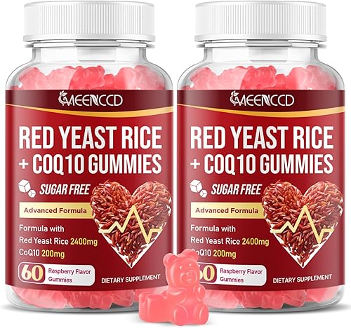 Paquete de 2 arroz de levadura roja con gomitas CoQ10, suplemento de arroz de levadura roja de 2400 mg, mejorado con coenzima Q10 200 mg para