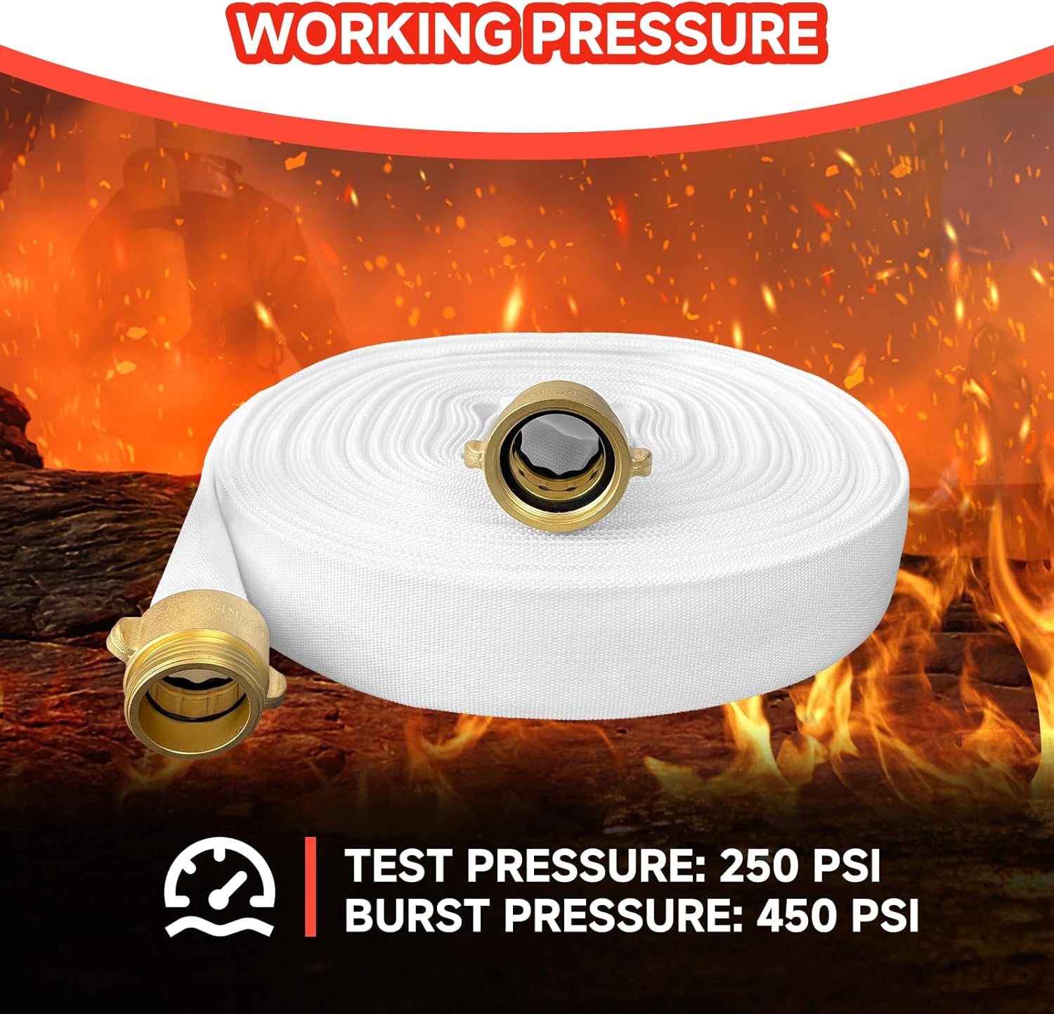 Fire Hose 1-1/2" ID x 100 ft Single Jacket TPU, Featuring M × F NST/NH Brass Couplings and Fire Hose Nozzle, 750 PSI Burst Pressure (100 ft)