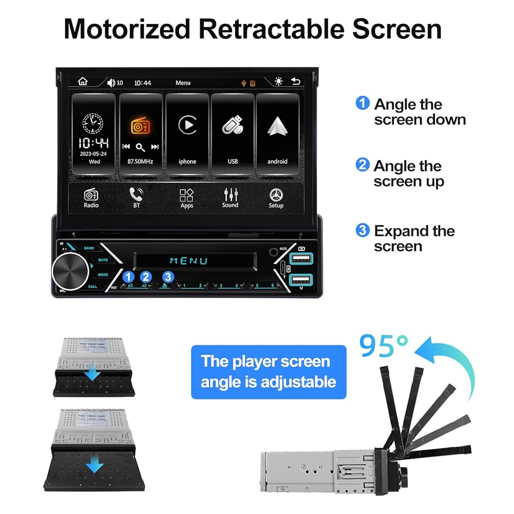 Autoradio 1 Din CAMECHO Con Wireless CarPlay E Android Auto - Schermo 7 Pollici Flip