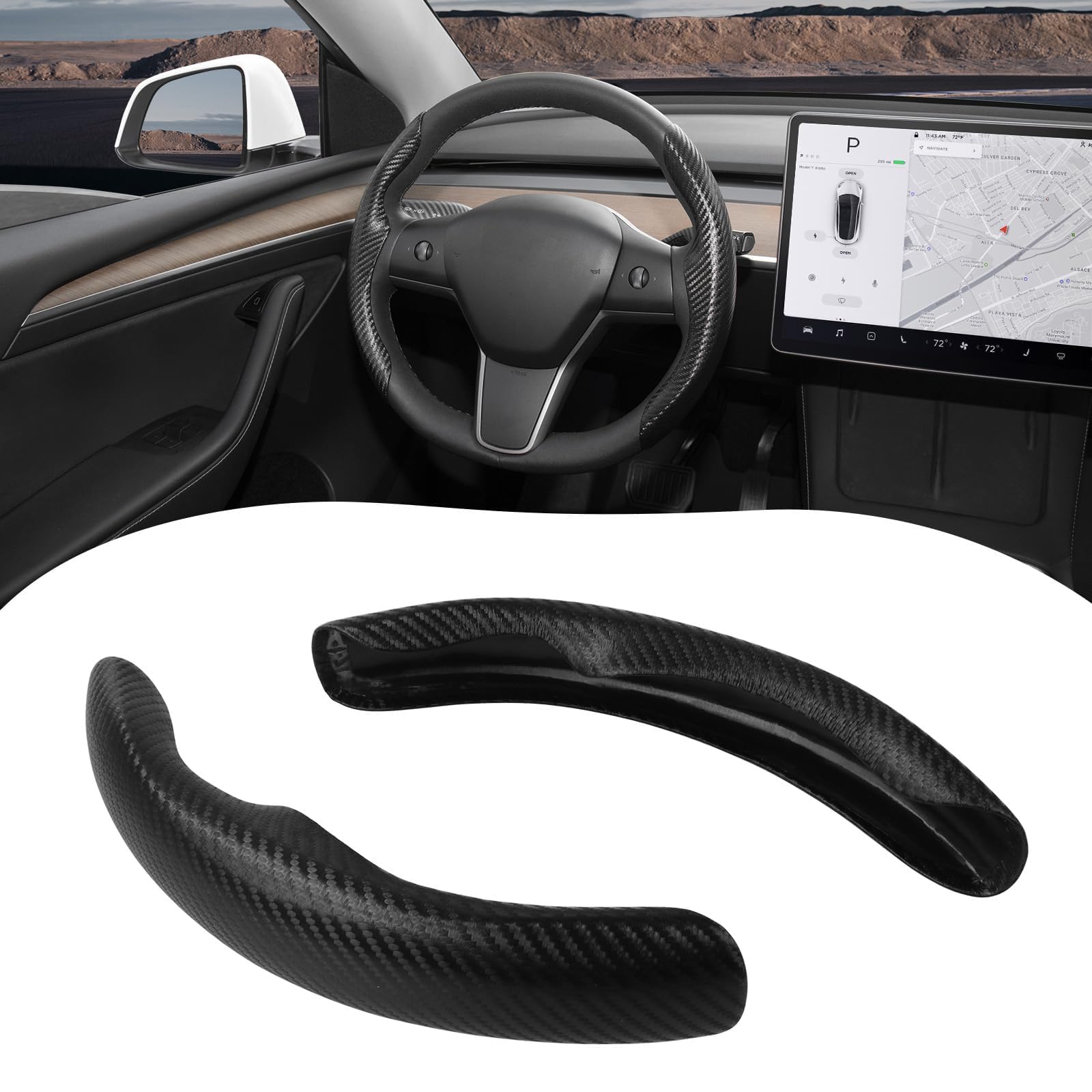 BASENOR Tesla Model 3/Y Steering Wheel Cover ABS Carbon Fiber Steering Wheel Wrap Protector No Slip Breathable Comfortable Grip for Tesla Man and Women 2016-2023 Model 3 2020-2025 Model Y (Black) 2PCS