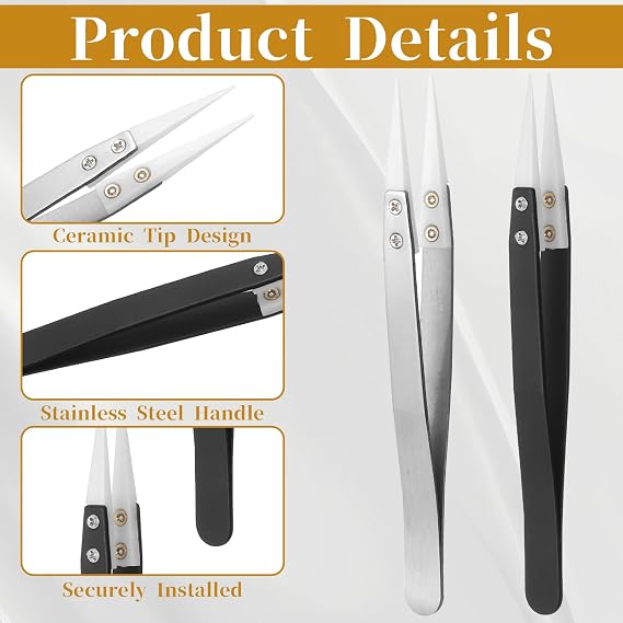 2 Pcs Ceramic Tweezers, Non-Conductive Fine Point Tweezers