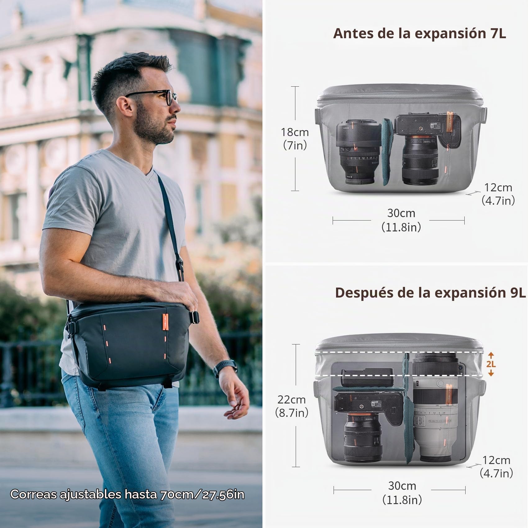 PGYTECH OneMo Bandolera Fotográfica Expandible 7L, Negra | Ampliable hasta 9L, Compatible con iPad Pro 11", Correa Ancha Acolchada, Correas para Trípode, Para DSLR, Mirrorless/Drones