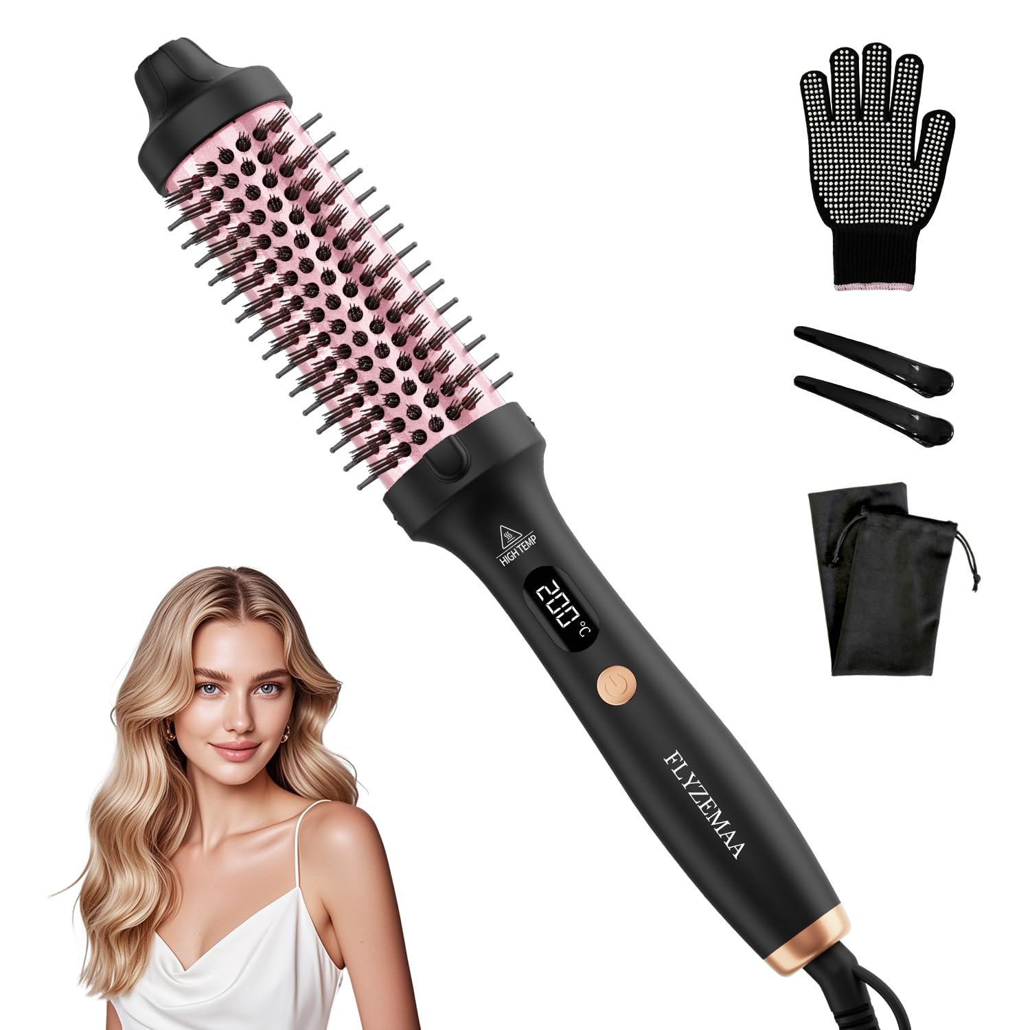 FLYZEMAA Thermobürste, Thermal Brush 38mm - Runder Heizkamm für natürliche Locken und glatteres Haar, 3 Temperaturstufen, LCD-Display, EU-Plug Dual-Spannung, Schwarz