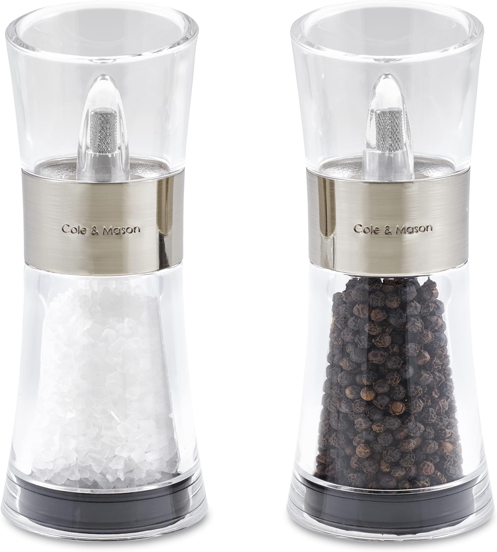 Flip 180 Chrome Salt and Pepper Mill Set, Adjustable Coarseness, Ceramic Mechanism, Acrylic, 154 mm, Filled Salt and Pepper Grinders