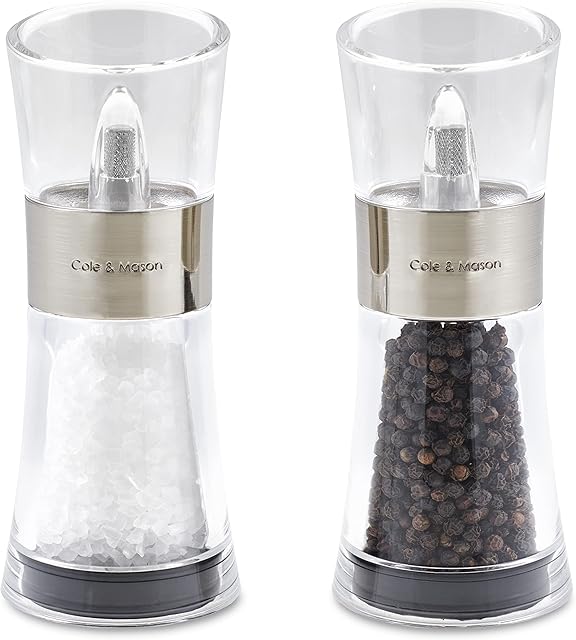Cole & Mason H581780 Flip 180 Chrome Salt and Pepper Mills | Classic Inverta | Acrylic | 154mm | Gift Set | Includes 2 x Salt and Pepper Grinders | Lifetime Mechanism Guarantee