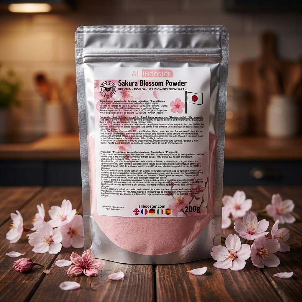 Poudre de Fleurs de Sakura Premium 200 g - Origine Japon - Sakura Blossom 100% Pure - Poudre de Pétales - Pâtisserie, Desserts, Boissons, Bubble Tea & Cuisine Japonaise