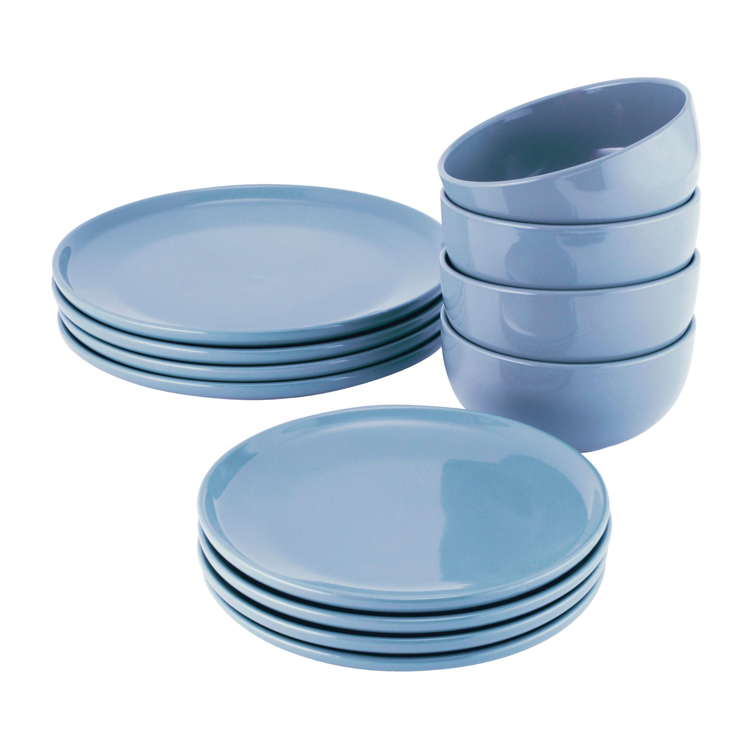 ProCook Stockholm Blue Dinner Set Stoneware Scandinavian Style Flat Base Dishwasher, Microwave & Oven Safe Dinnerware 12 Piece, 15.5 x 21 x 27 cm