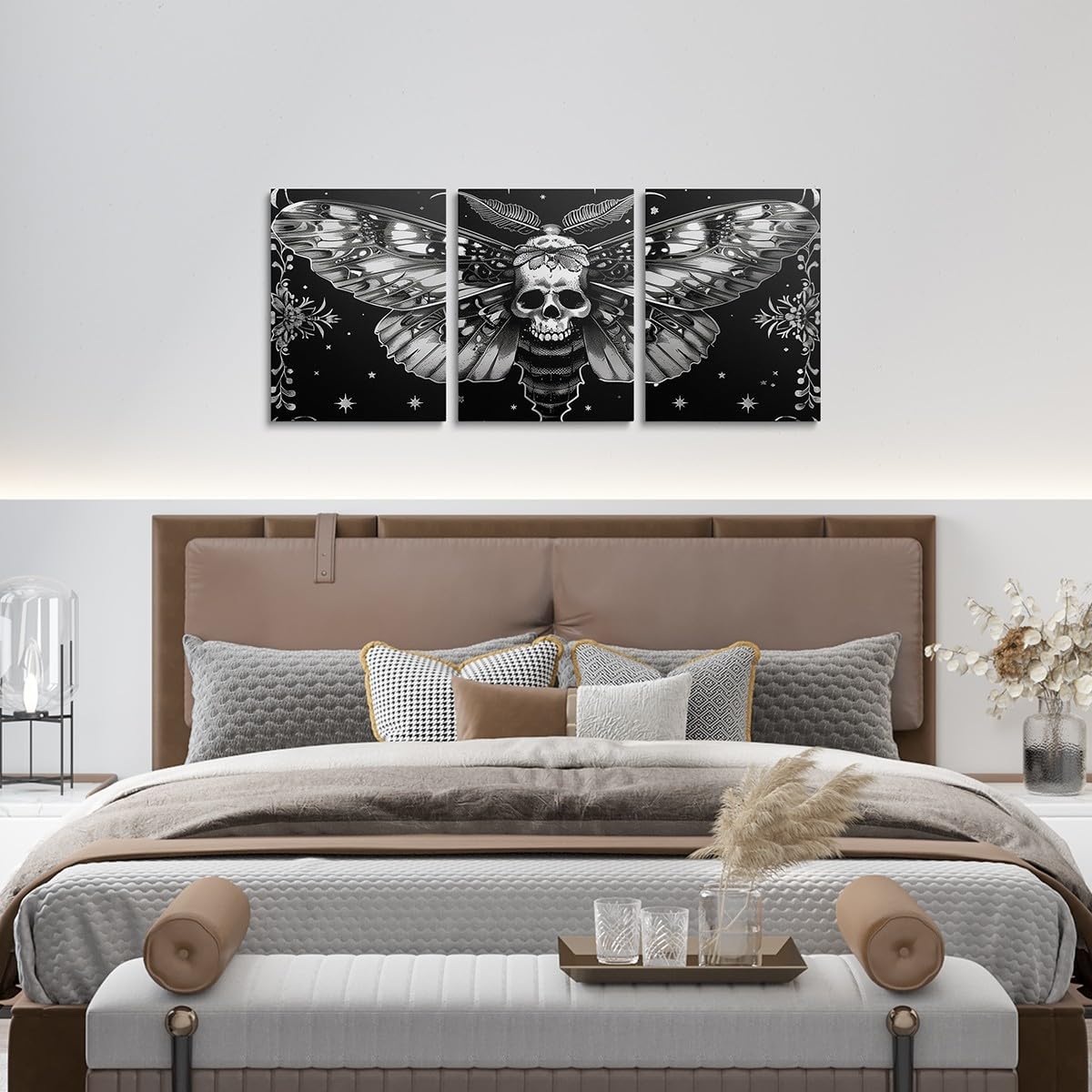 Feelyou Gothic Death Skull Moth Canvas Wall Art for Living Room Boho Moth Wall Decor for Bedroom Bathroom Wall Decoration Boho Moth Paintings Skull Decor Pictures Artwork Office Ready to Hang Pictures