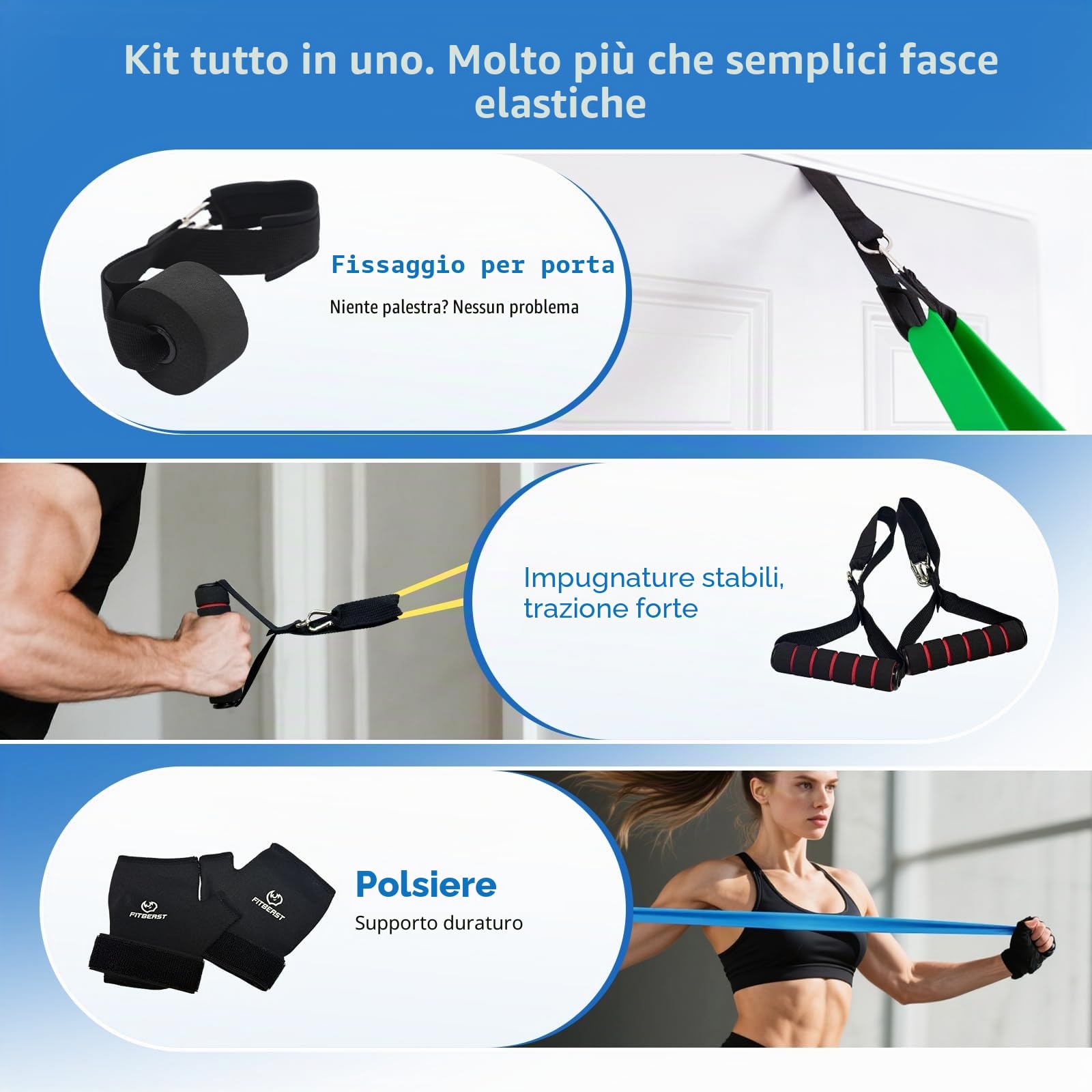 FitBeast Set di bande di resistenza, bande per esercizi e trazioni con guanti e ancoraggio per porta per allenamento della forza, allenamenti domestici