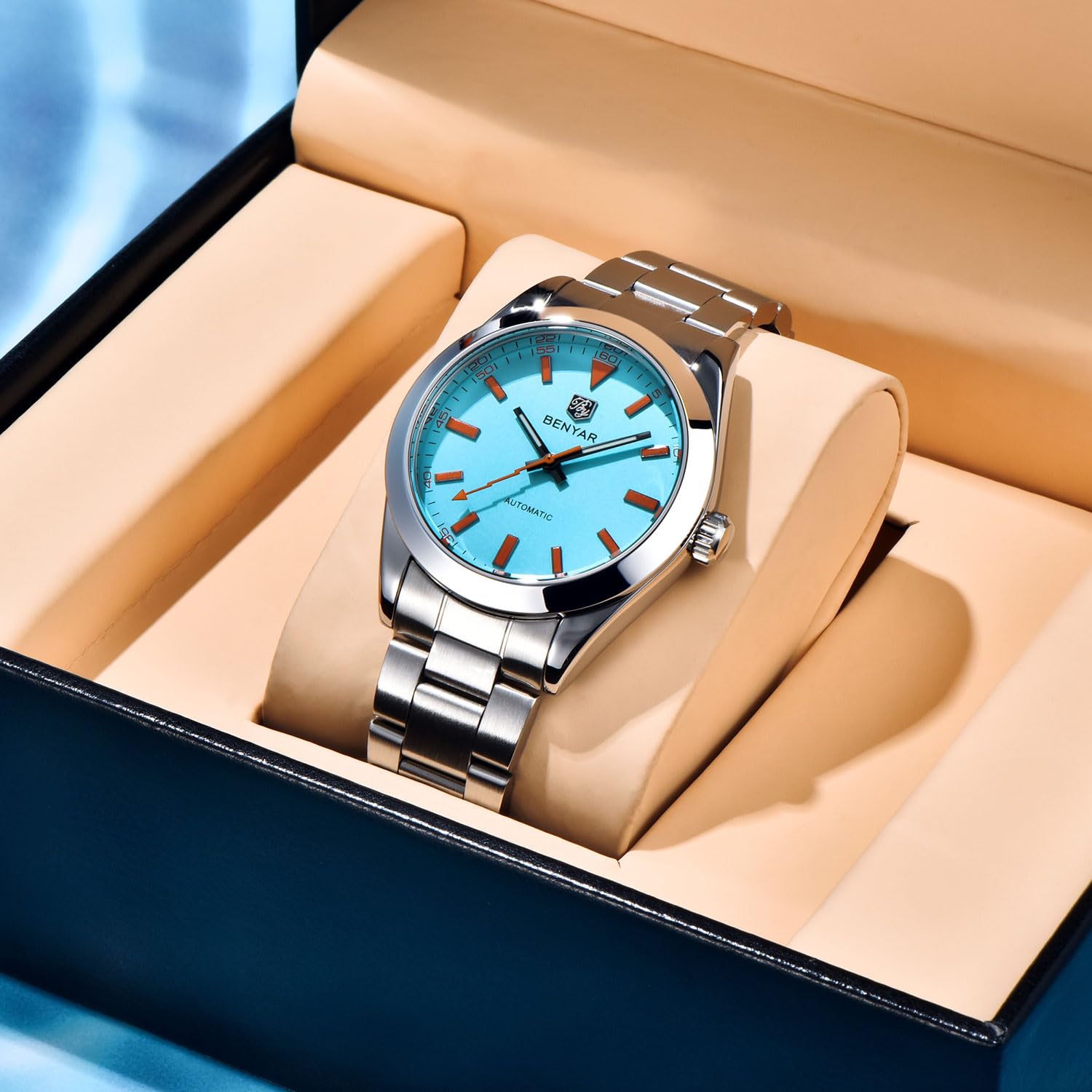 BENYAR Orologio meccanico automatico da uomo, modello 5218, quadrante in cristallo zaffiro, acciaio inossidabile, impermeabile 100 m, a carica automatica, orologio da polso da lavoro