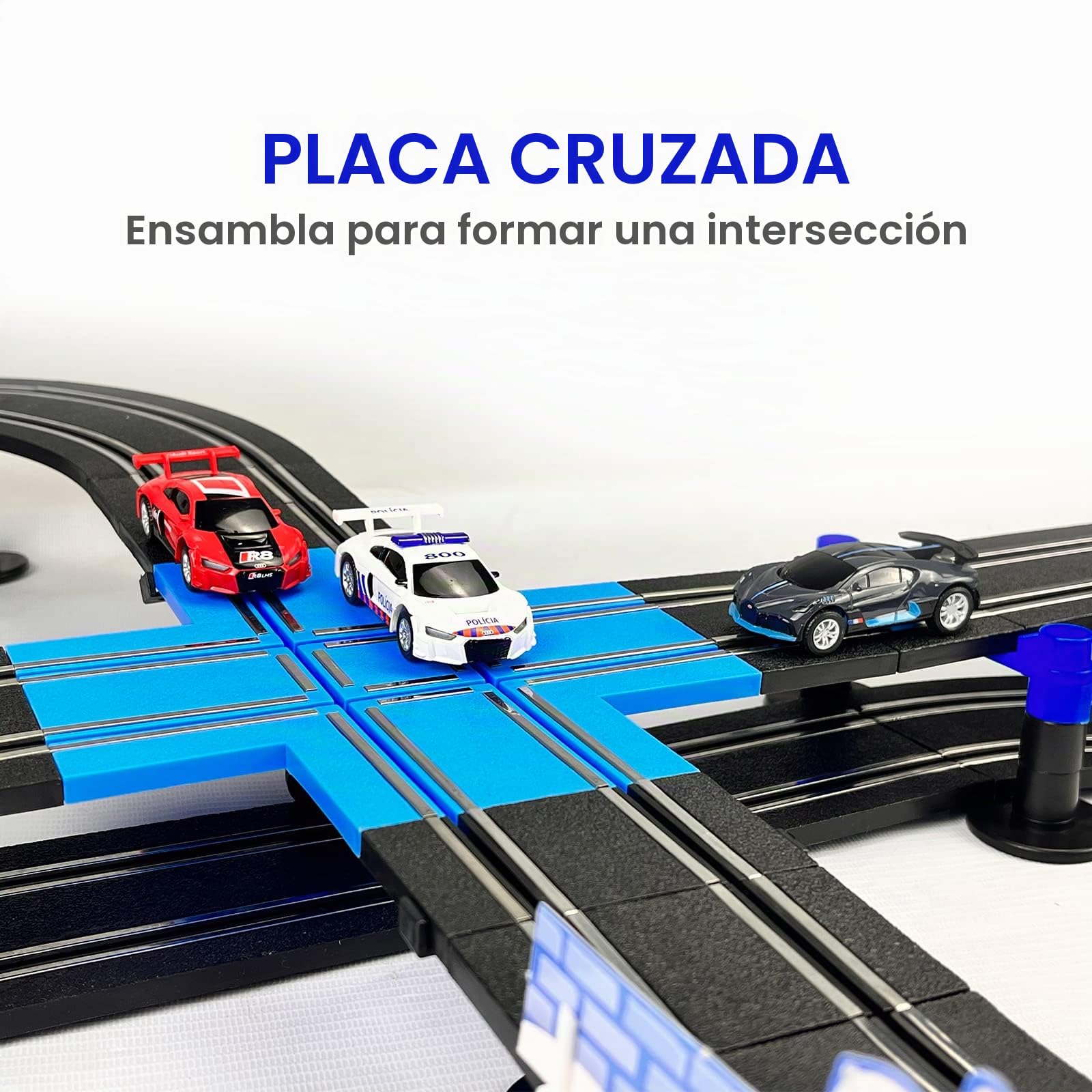 AGM MASETCH - Juego de pista doble de tranvía de alta velocidad, pista con 4 vehículos con licencia oficial de carreras de coches, viene con 2 controles manuales y piezas de pista y un contador de