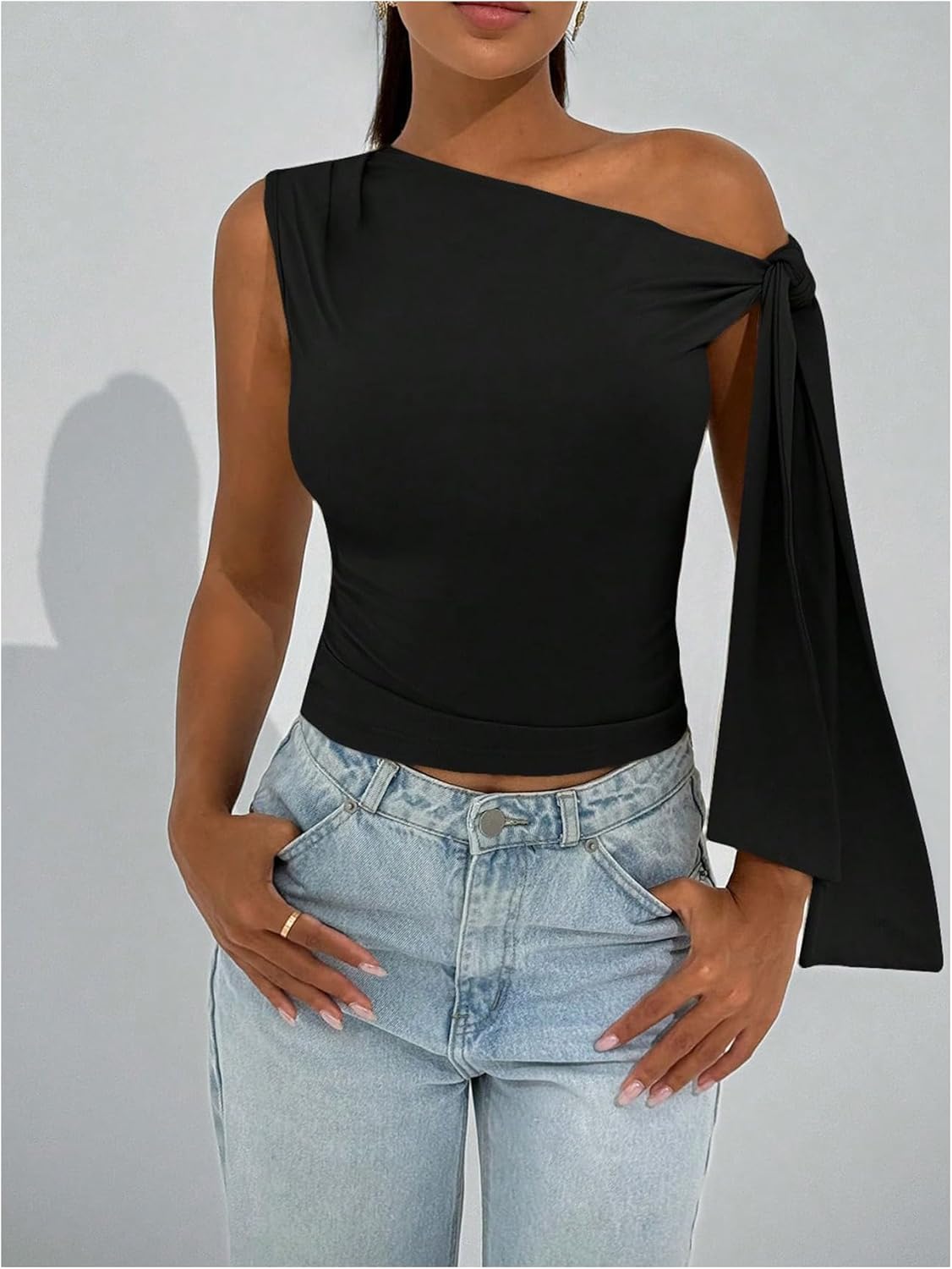 WDIRARA Women's One Shoulder Tank Top Knot Side Sleeveless Asymmetrical Tops - Image 3