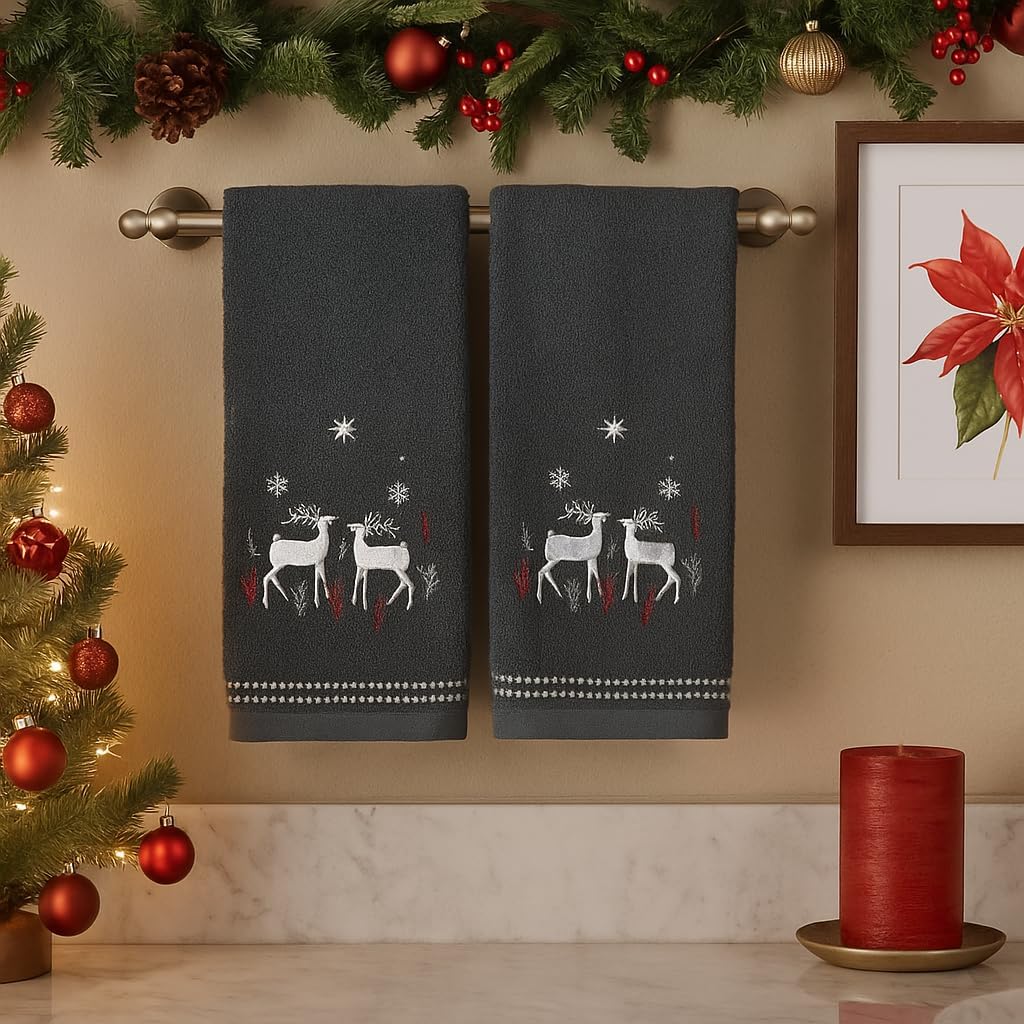 Serafina Home Holiday Christmas Bath Hand Towels: Seasonal Noble Reindeer Buck Deer Design, Gray Silver Red White, Set of 2, 100% Cotton - Image 4