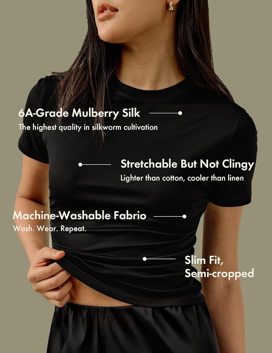 LilySilk 100% Silk Jersey Tee Slim Fit Crew Neck Short Sleeves Cropped T Shirt Casual Solid Tops - Image 3