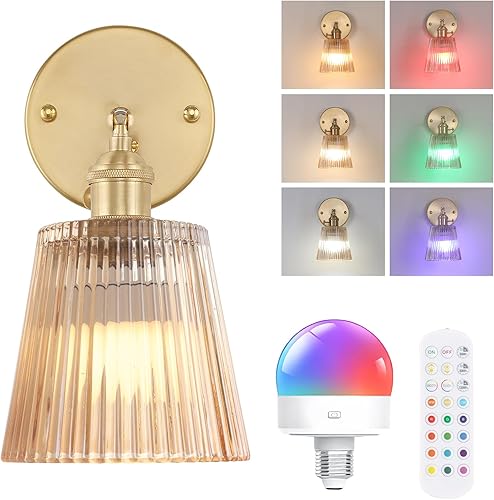 Miniatura 14 de Juego de 2 apliques de pared vintage con pantalla de vidrio a rayas ámbar, apliques de latón ajustables de 180 grados, con cable de iluminación,