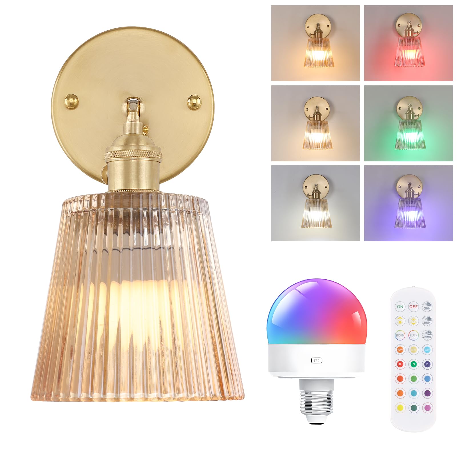 Shenmoyl Vintage Battery Operated Wall Sconce with Amber Stripe Glass Lampshade Rechargeable Battery Powered Wall Light with Remote Control for Bedside Bedroom Doorway