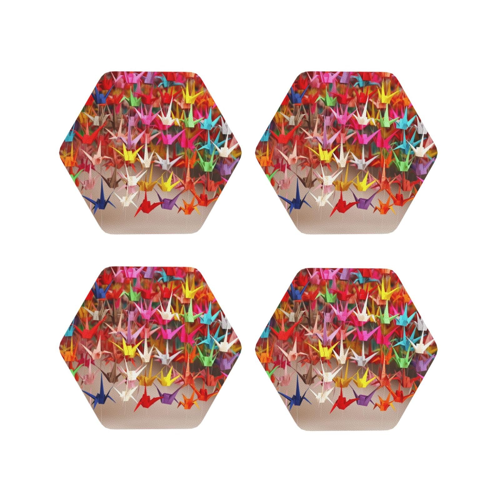 4Pcs PU Leather Coaster for Drinks, Origami Paper Cranes Cup Coastersr 4" Cup Mat Pad, Aesthetic Drink Coasters for Coffee Table, Hexagon Coaster for Tabletop Protection