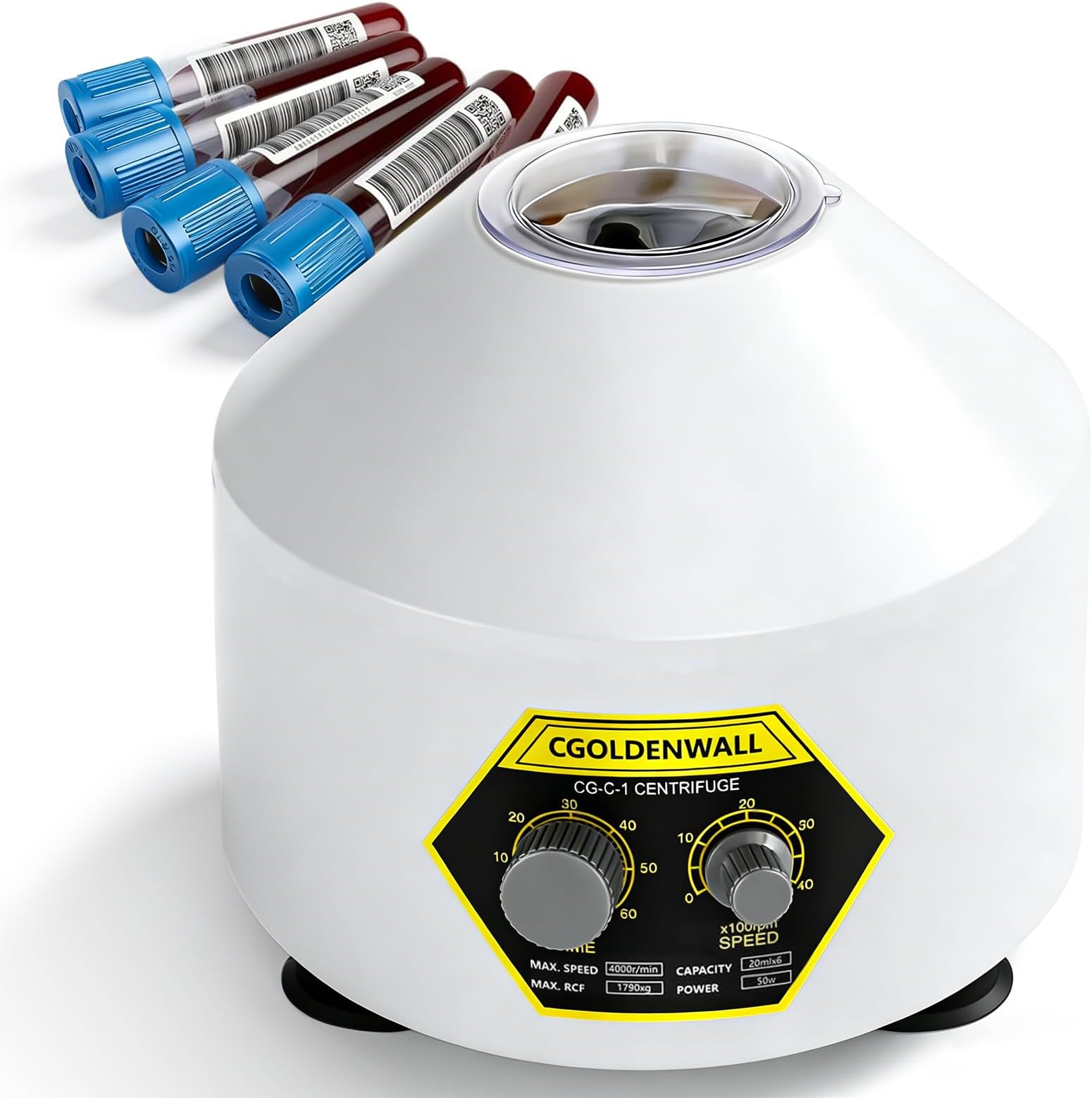 Lab Centrifuge 6*20ml with Transparent Lid, 4000rpm Speed, 60min Timer, 1790xg RCF for Separation of Samples& Qualitative Analysis 5/7/10ml Vacutainer & 10/15ml Centrifuge Tubes Available
