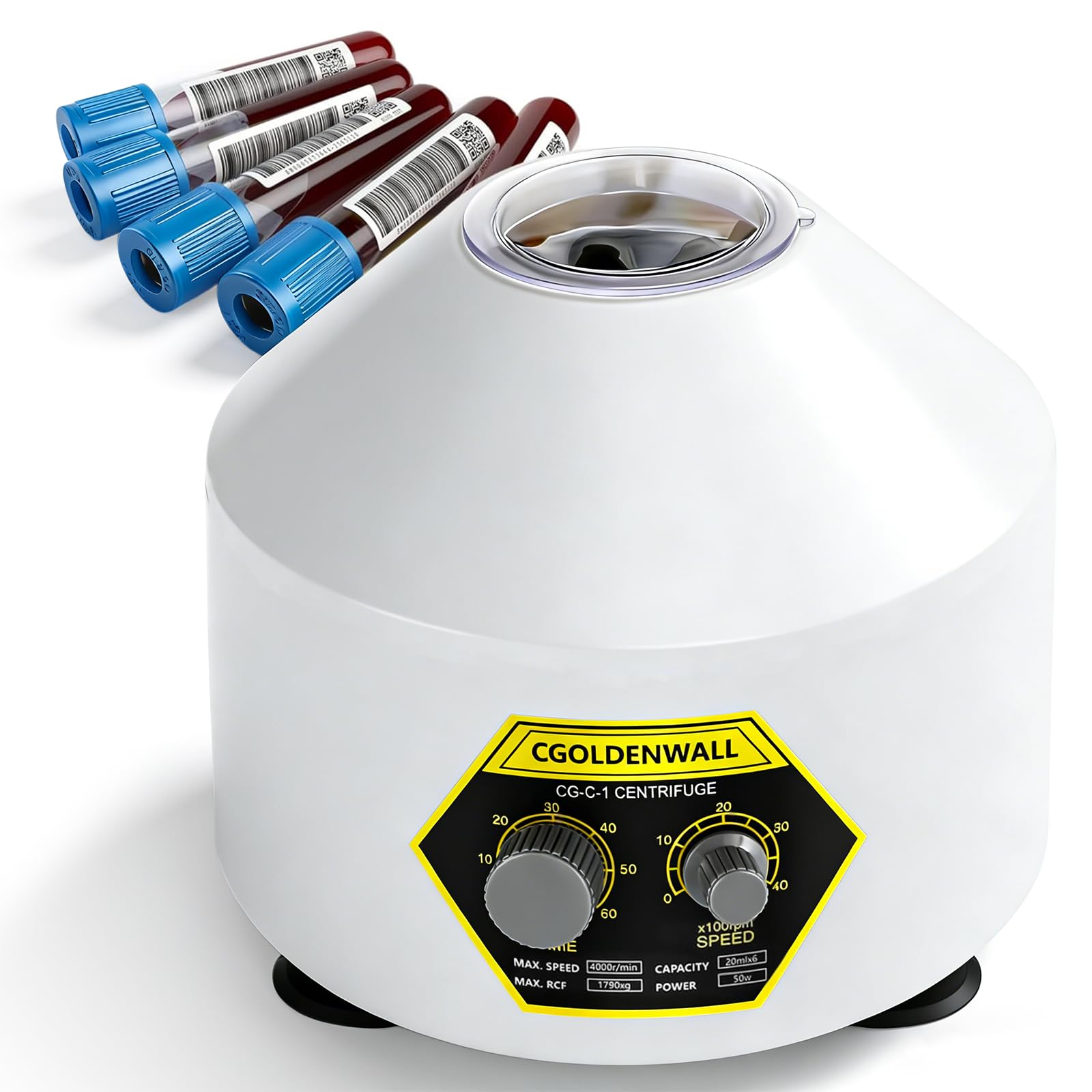 Lab Centrifuge 6*20ml with Transparent Lid, 4000rpm Speed, 60min Timer, 1790xg RCF for Separation of Samples& Qualitative Analysis 5/7/10ml Vacutainer & 10/15ml Centrifuge Tubes Available
