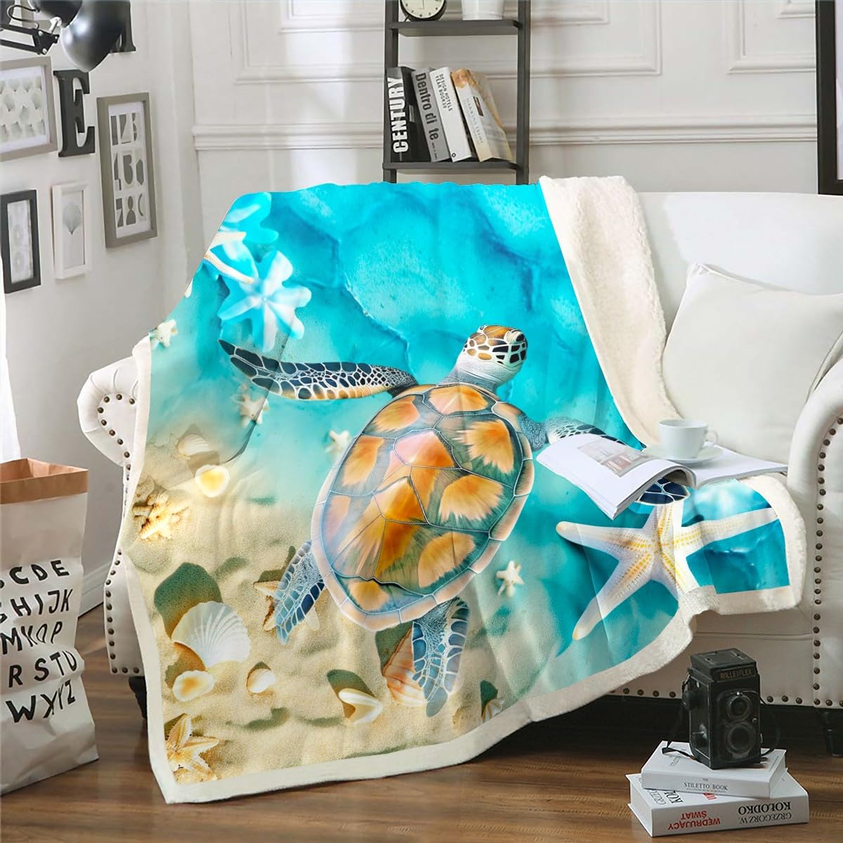 Erosebridal Beach Theme Fleece Blanket Ocean Sherpa Blanket Kids Cute Tortoise Blanket 40x50 Size, Kawaii Seashell Throw Blanket for Sofa Conch Starfish Flannel Blanket Coastal Farmhouse Cabin Decor