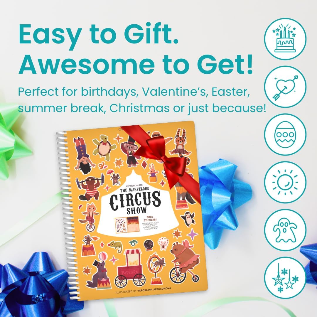 Circus Show 300+ Kids Sticker Book by Cupkin Toddler Airplane Travel Coloring and Sticker Book, 8 Coloring Pages 8 Side by Side Scenes for Children's of 2-8 Years, Easter Gifts for Kids - Image 7