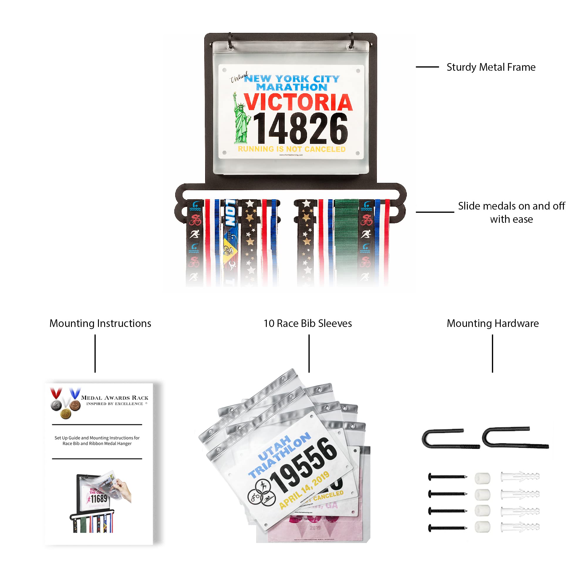 Jolitac Sports Medal Awards Display Rack Wall Mounted Marathon Medals Hanger Holder For 60 Medals 100 Runner Race Bibs 20 Bibs Flip Vinyl Sleeves (Original), Medals - Canada - View #5